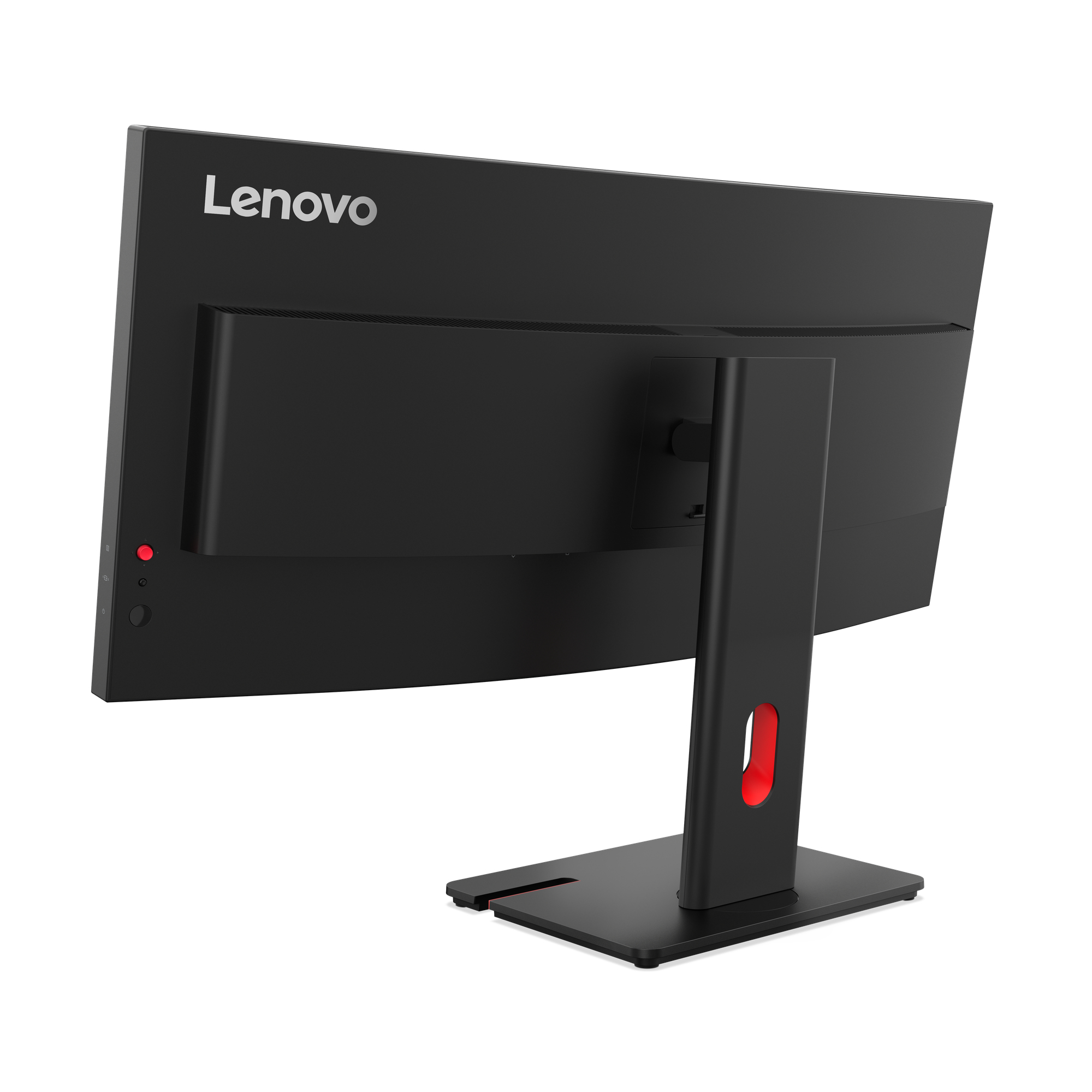 Widoczny jest tył czarnego monitora Lenovo, z prostym designem i logo na górze.
