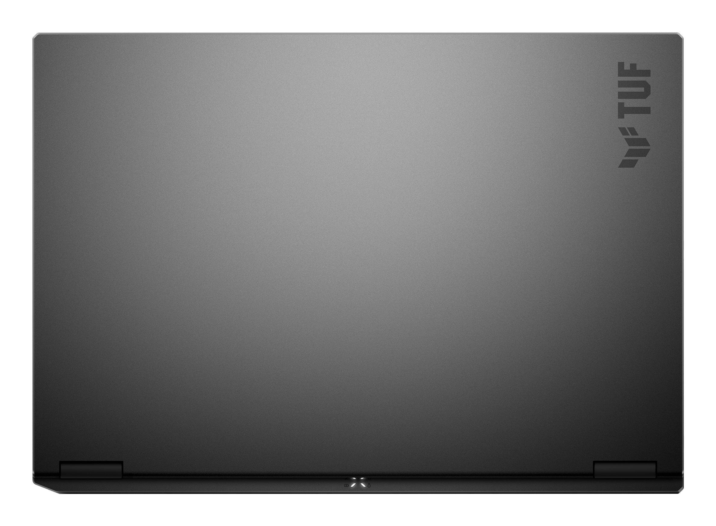 Draufsicht auf einen geschlossenen schwarzen Laptop mit dem TUF-Logo auf dem Deckel.