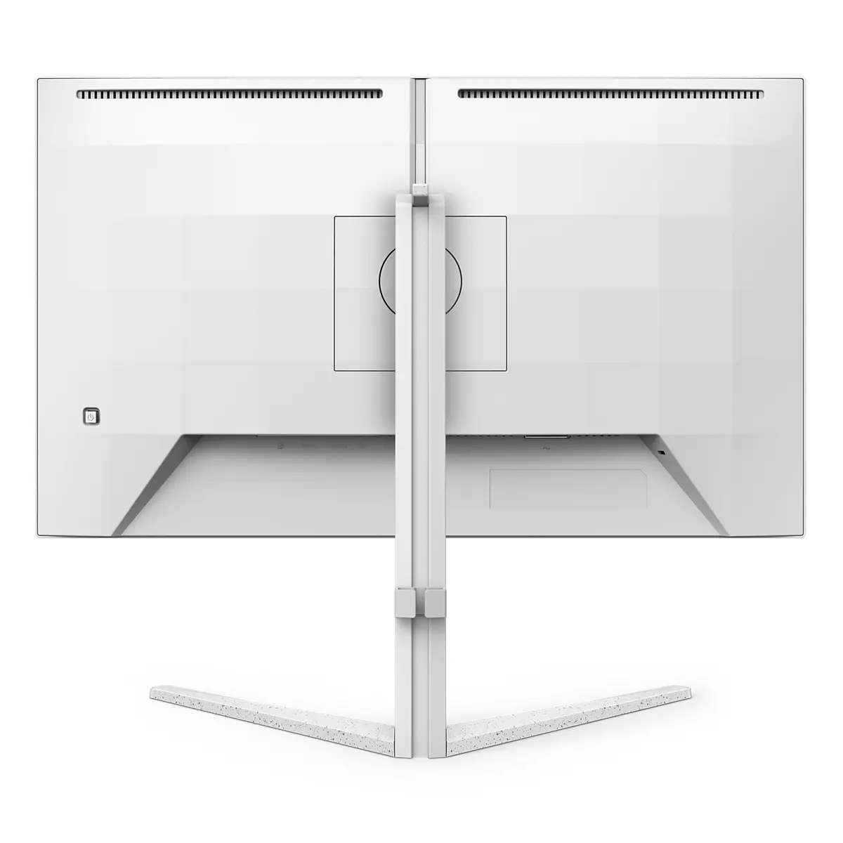 Tył białego monitora Philips z unikalnym designem podstawy. Widoczne porty i logo.