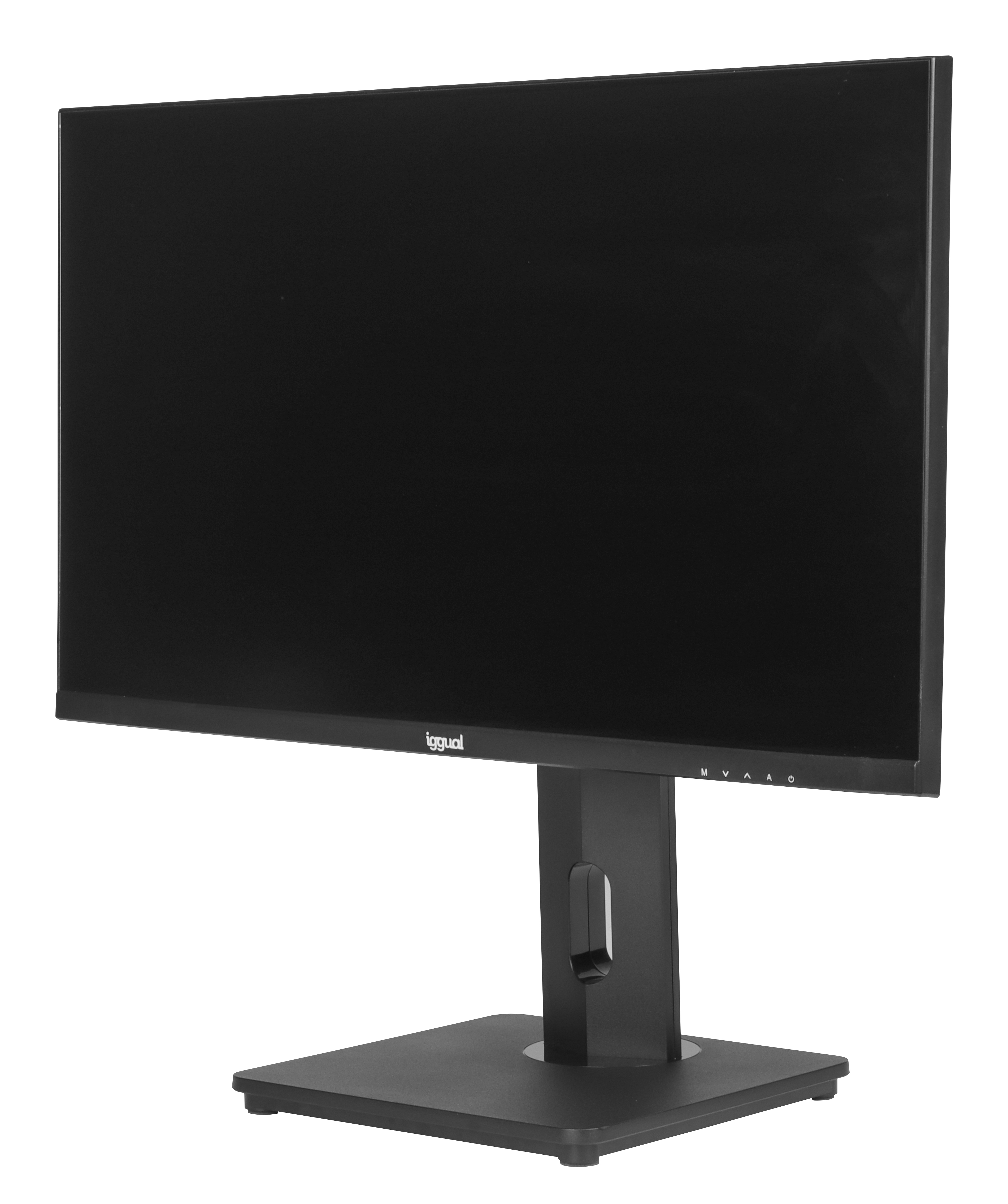 Un monitor de computadora muestra una pantalla negra, soporte y marco negro, fondo blanco.