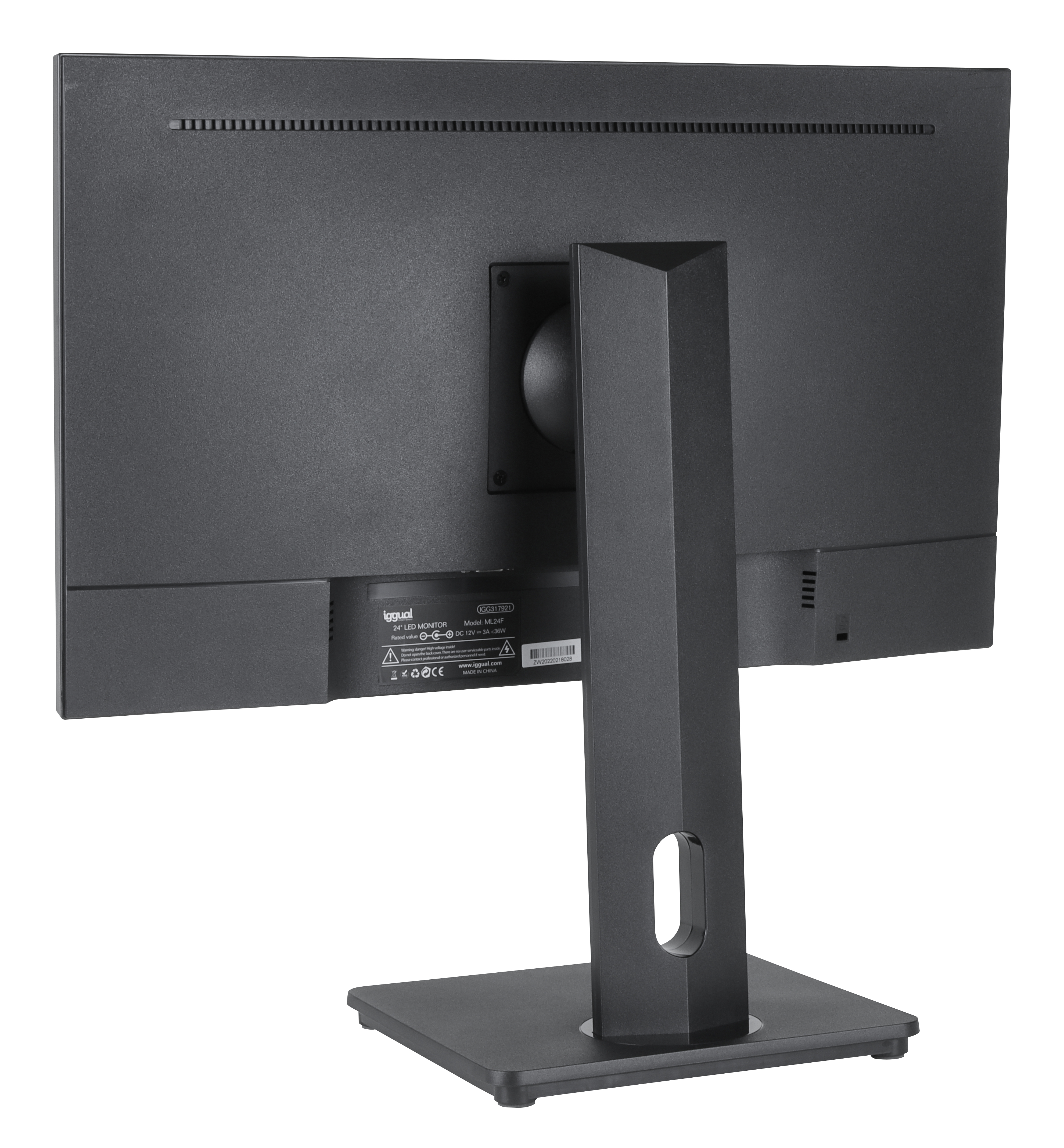 La parte trasera de un monitor de computadora negro con un soporte y detalles de la marca. Fondo blanco.