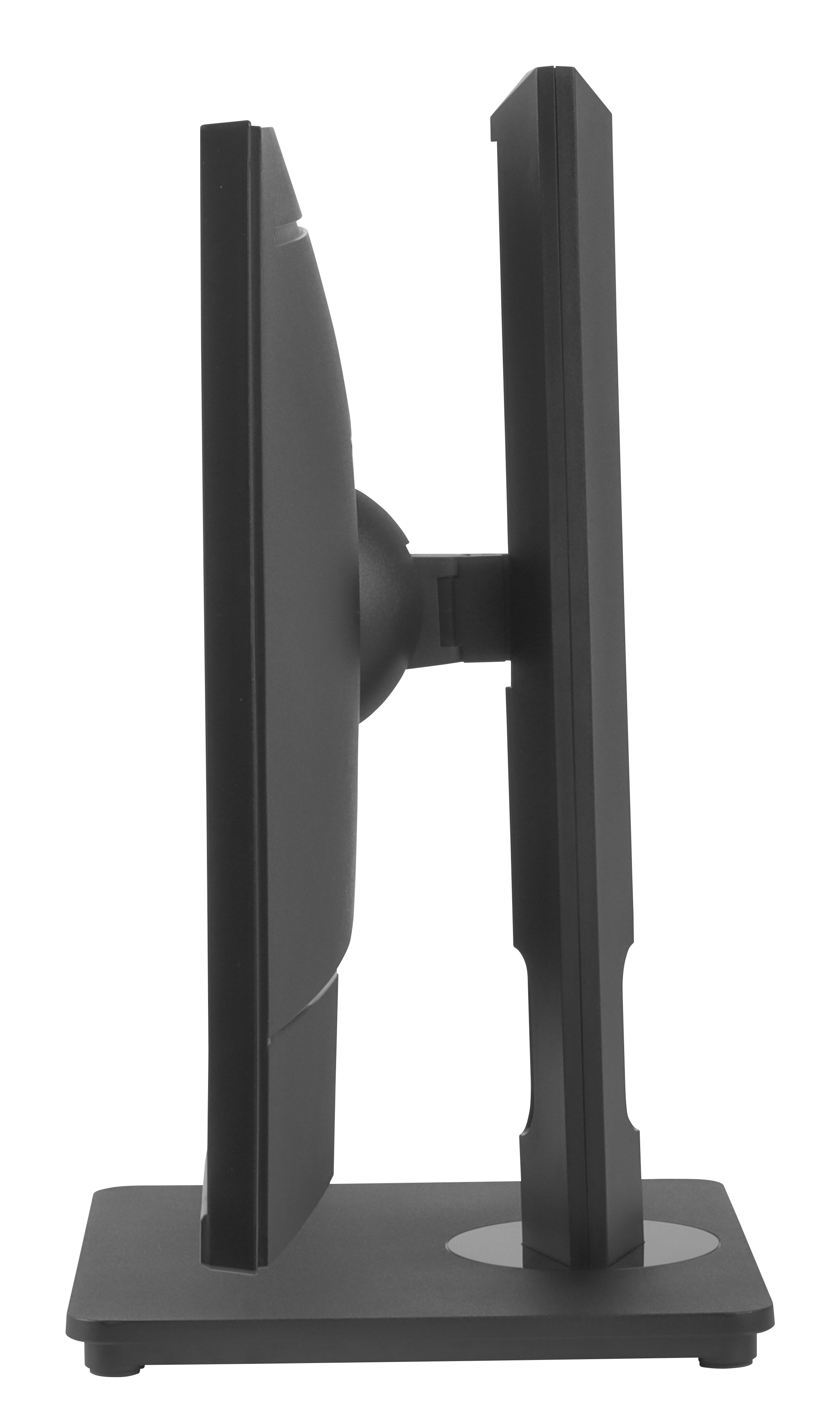 Una vista lateral de un monitor de computadora negro sobre un soporte negro, fondo blanco.