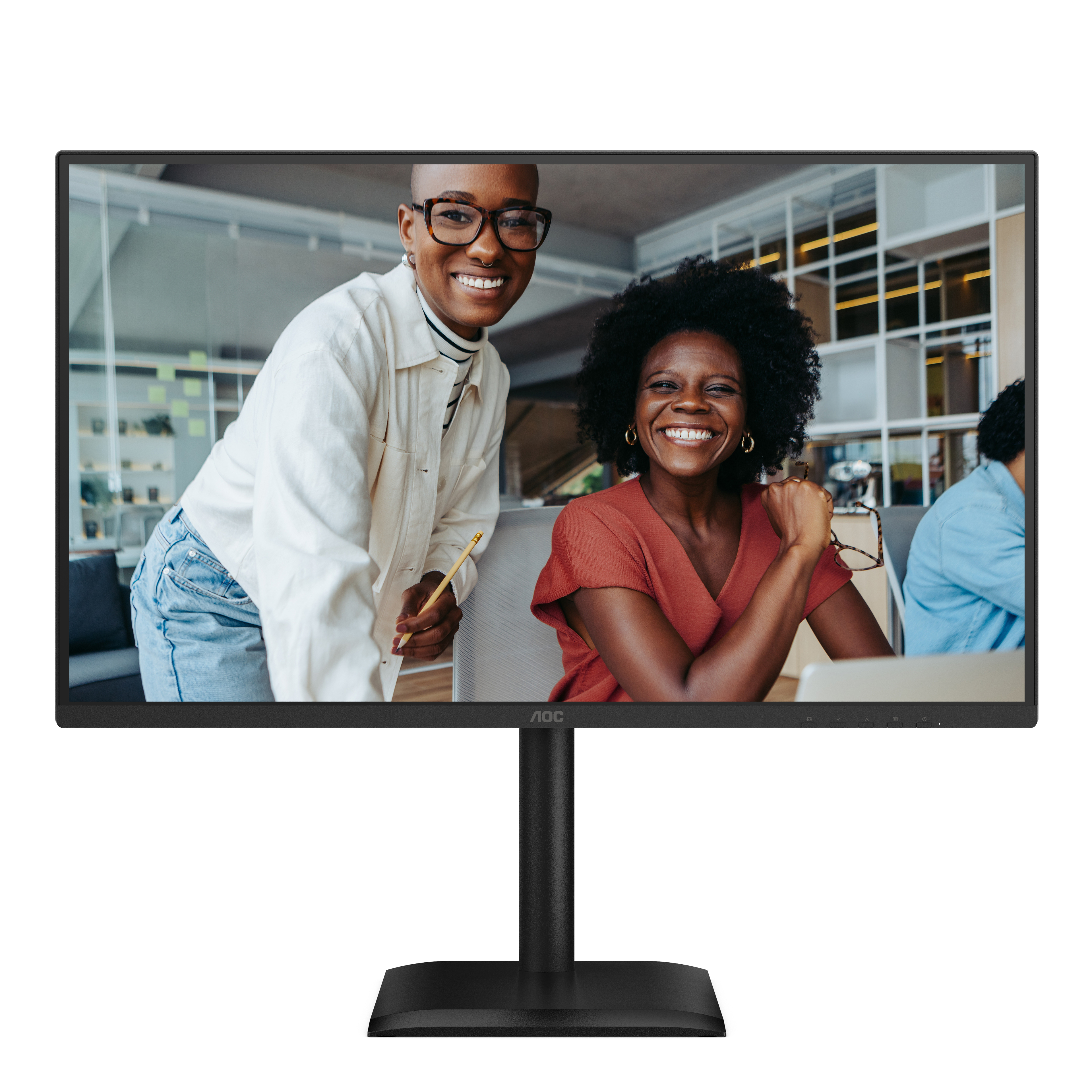 AOC-monitor met twee lachende vrouwen in een kantooromgeving.