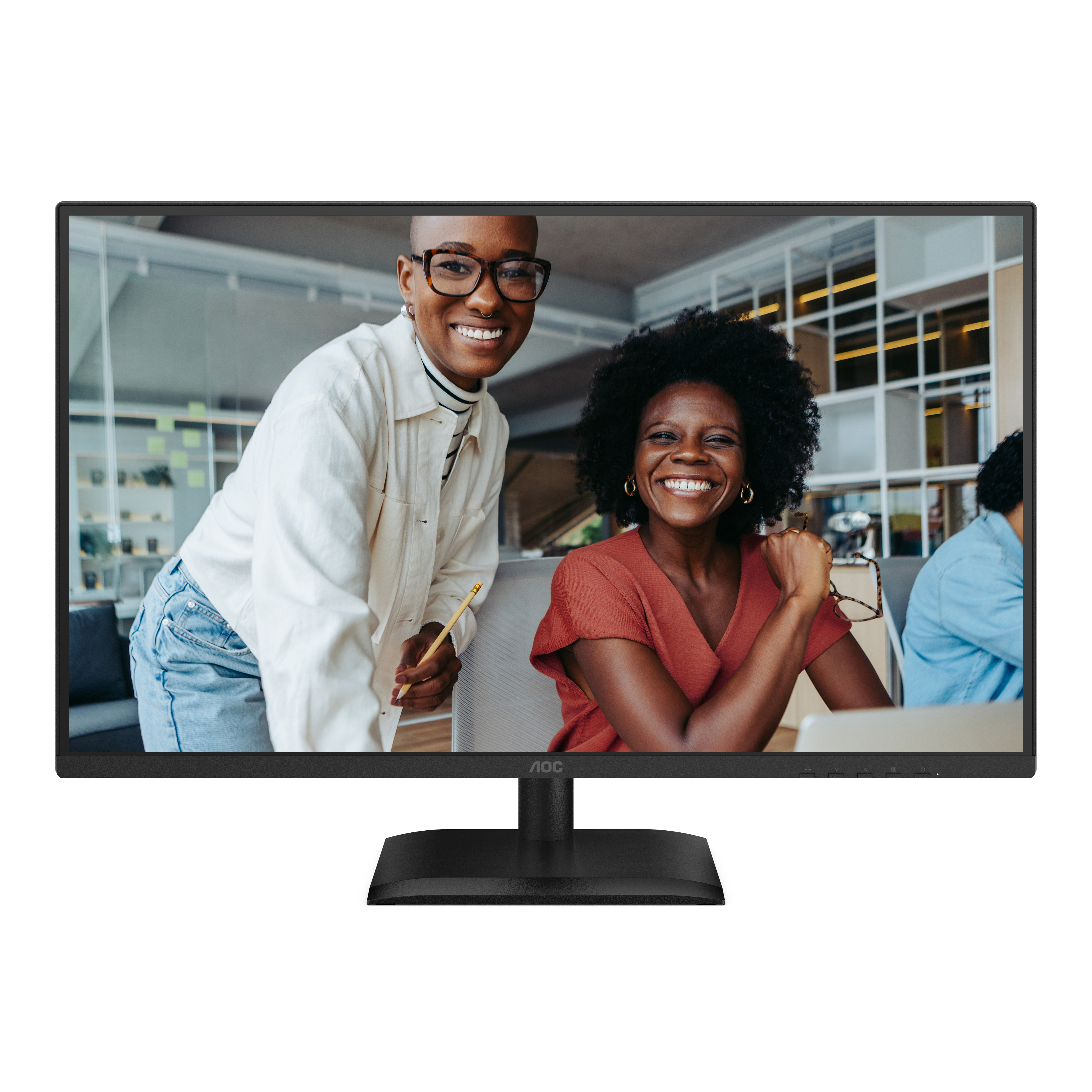 Een AOC-monitor met twee lachende vrouwen op een kantoor.