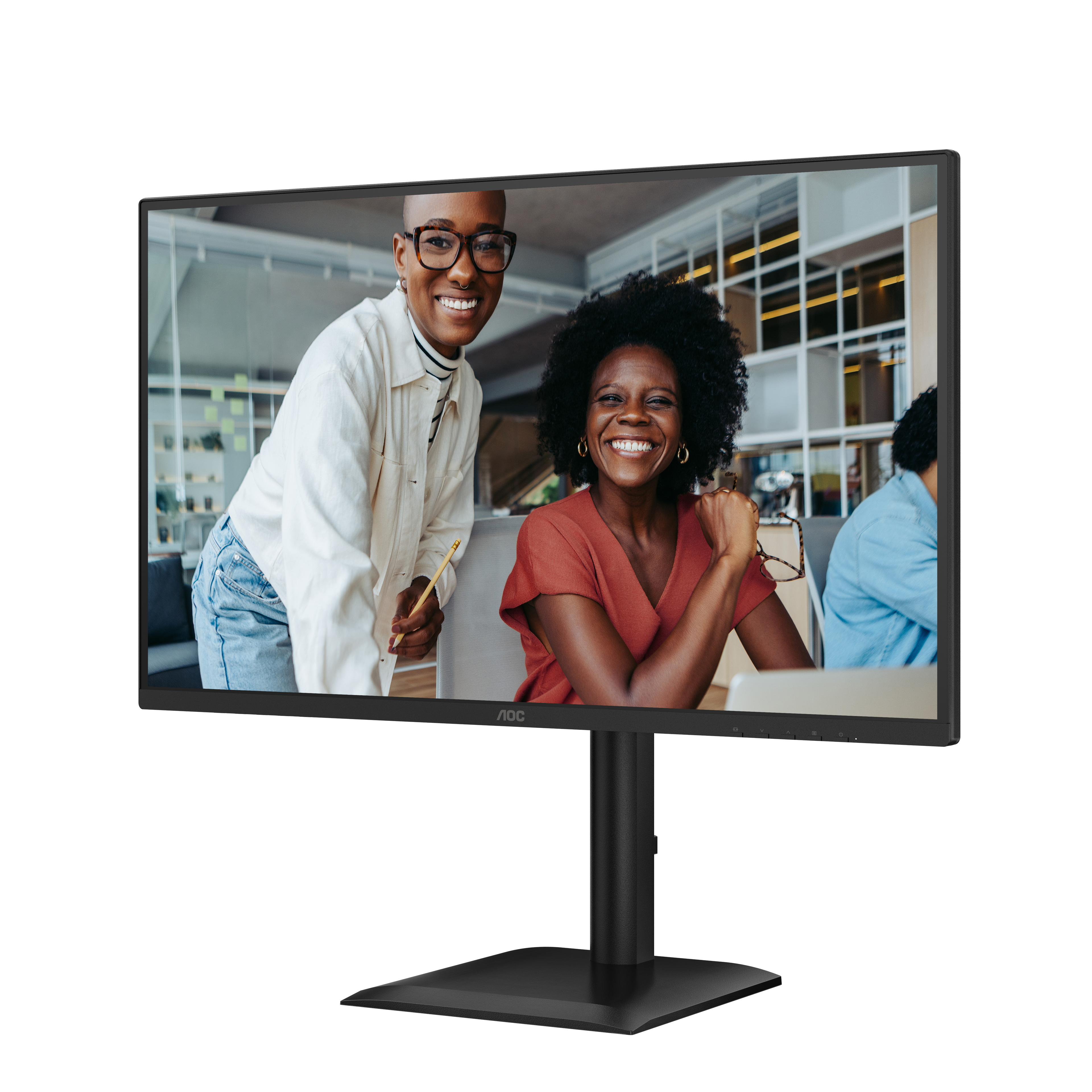 Een AOC-monitor met twee lachende vrouwen op een kantoor.