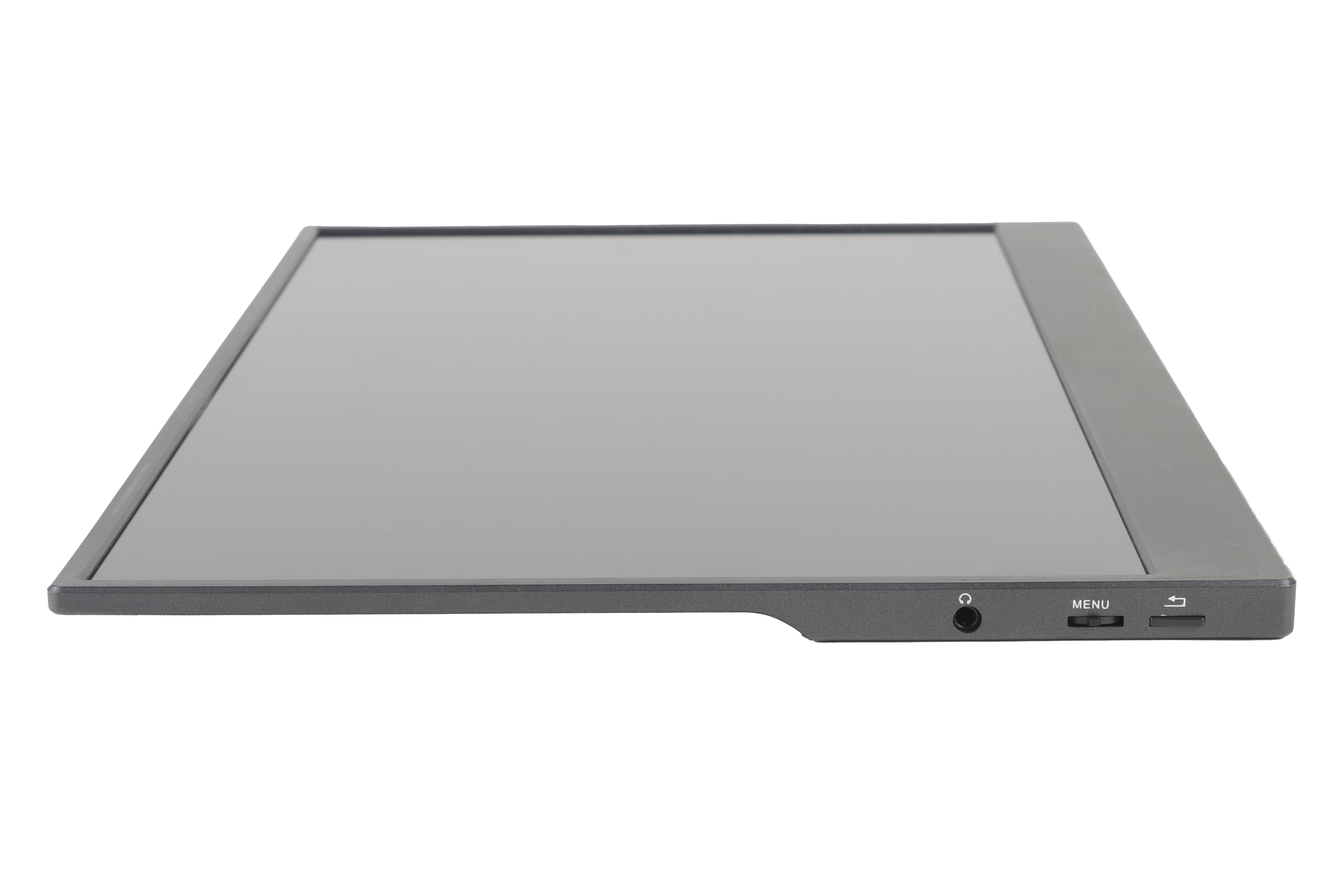 Un monitor nero con cornice grigia. Il lato mostra le porte audio, menu e scheda SD.