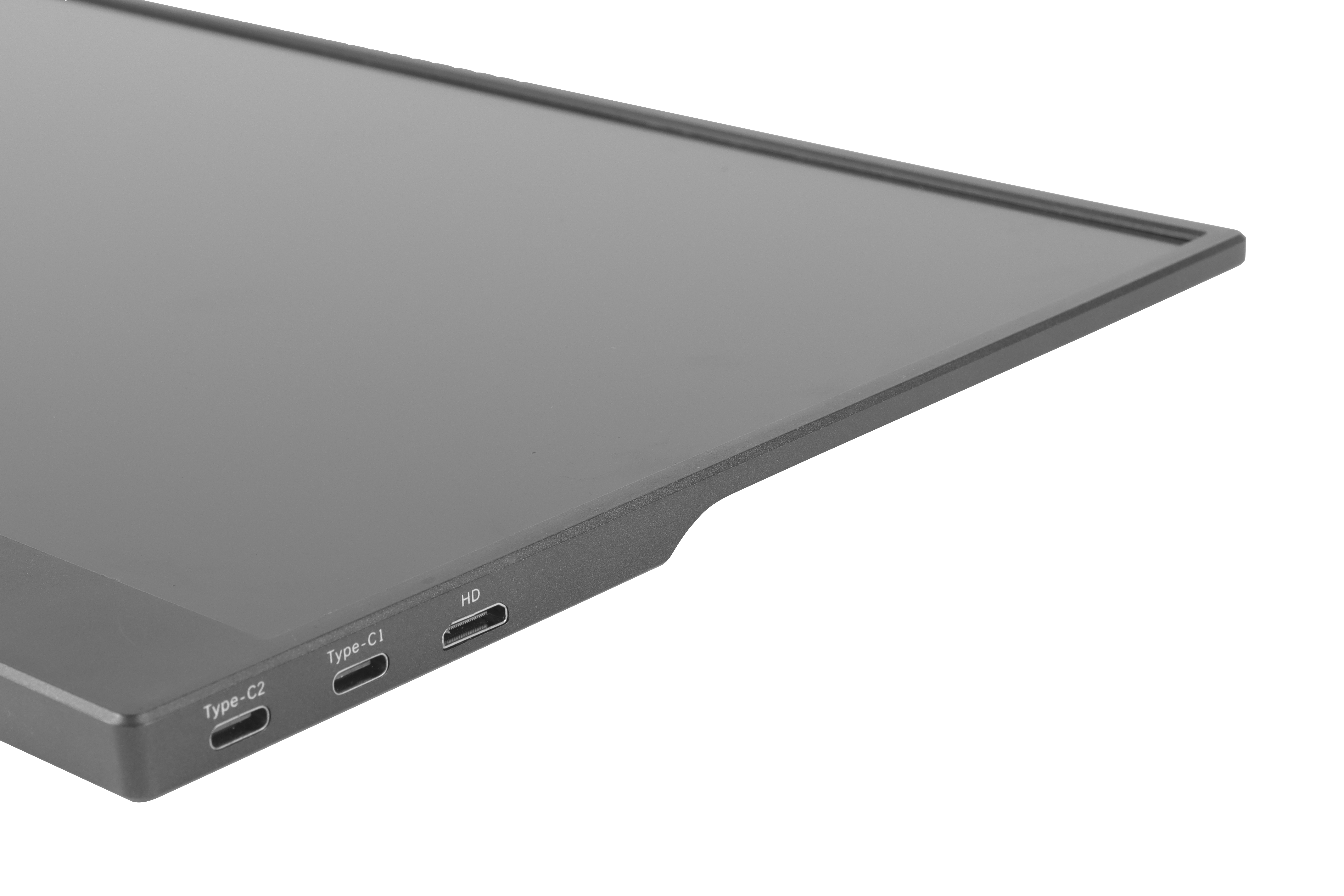 Un monitor nero con cornice grigia. Il lato mostra le porte Type-C e HD.