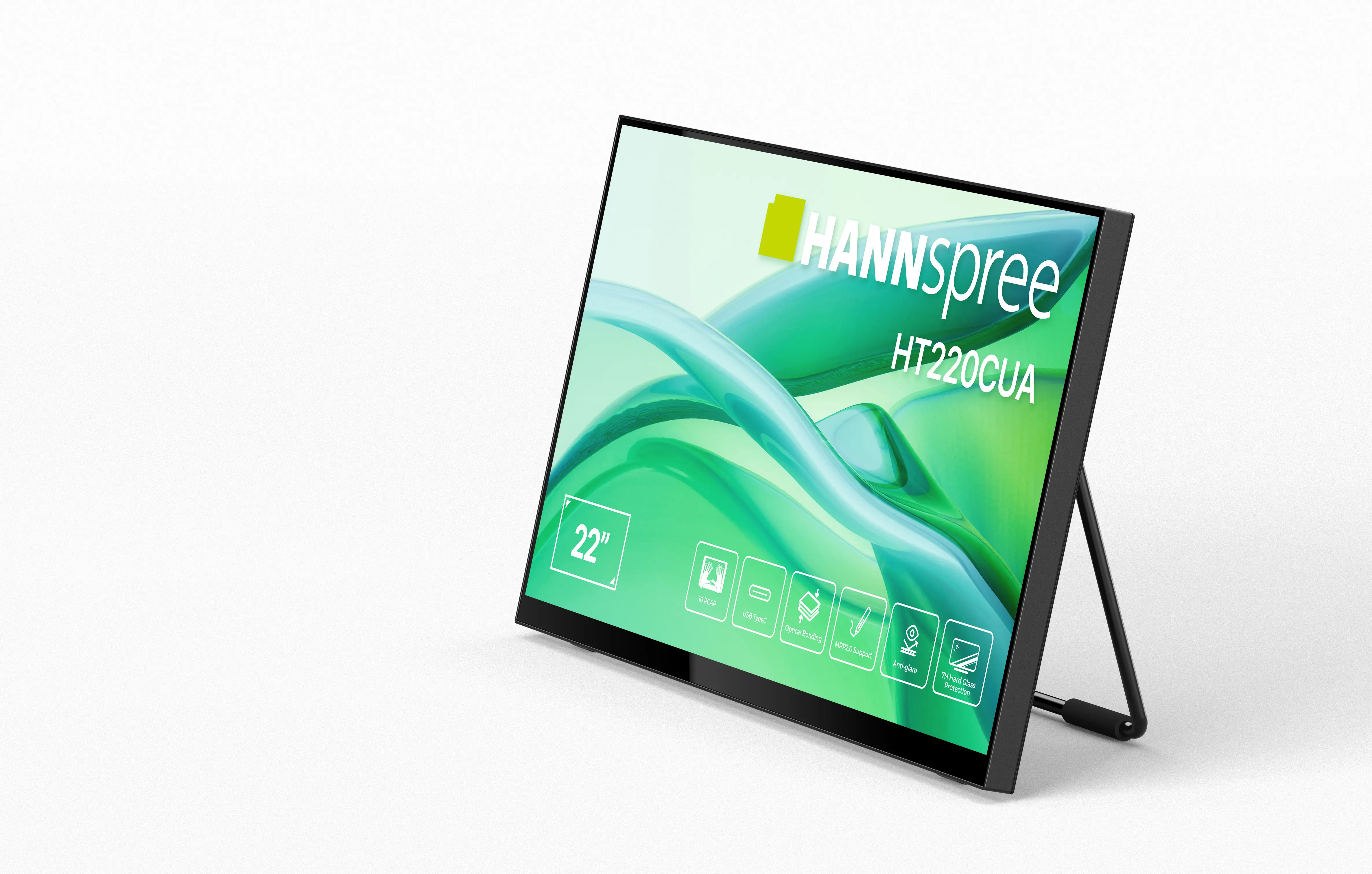 Czarny monitor Hannspree na białym tle, z zielonym tłem na ekranie.