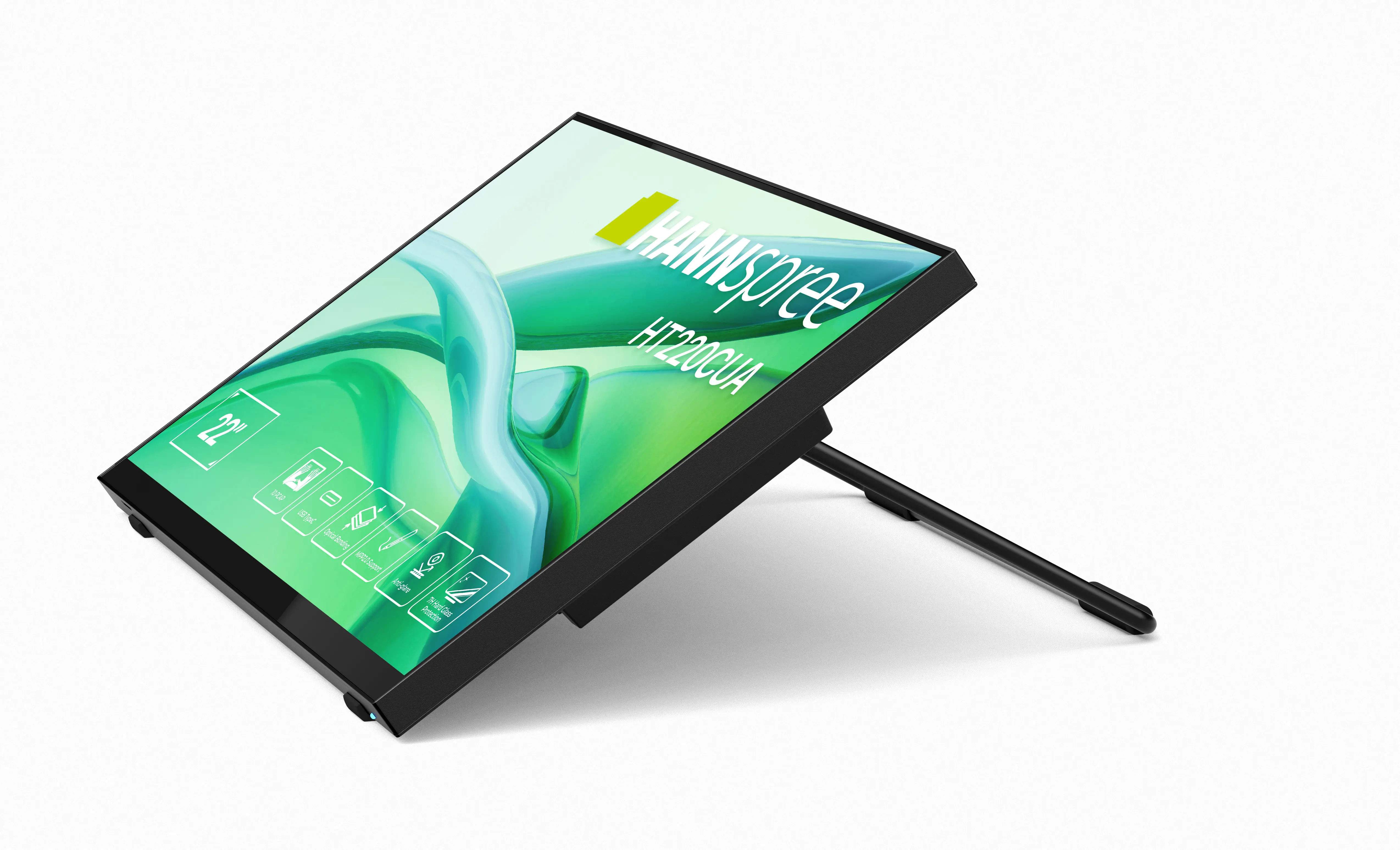 Czarny monitor Hannspree na białym tle, z zielonym tłem na ekranie.