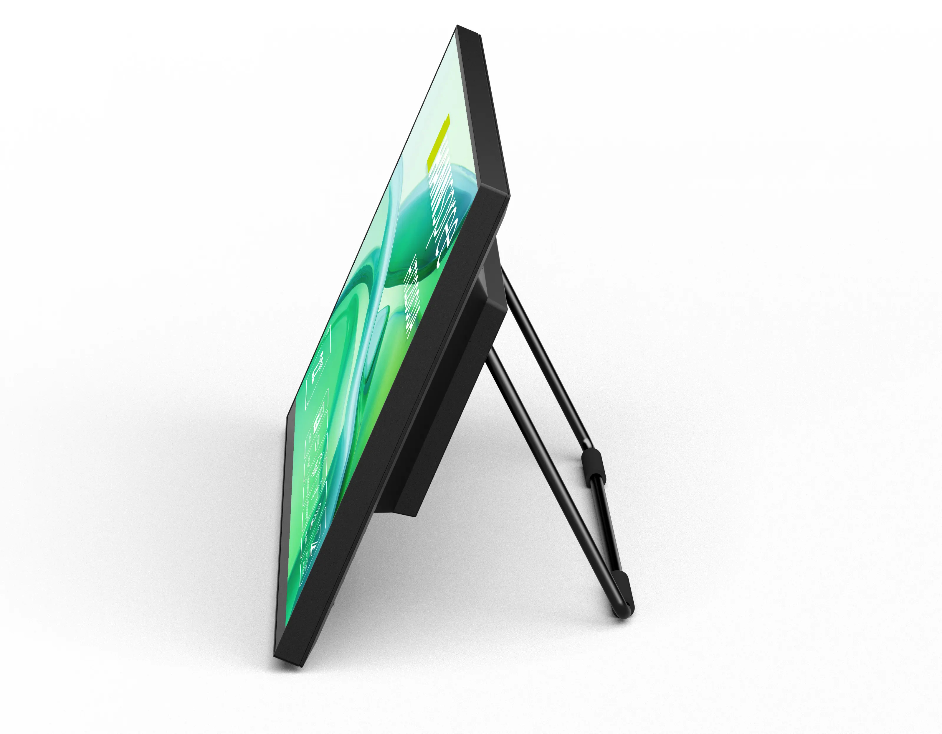 Widok z boku czarnego monitora Hannspree na białym tle.