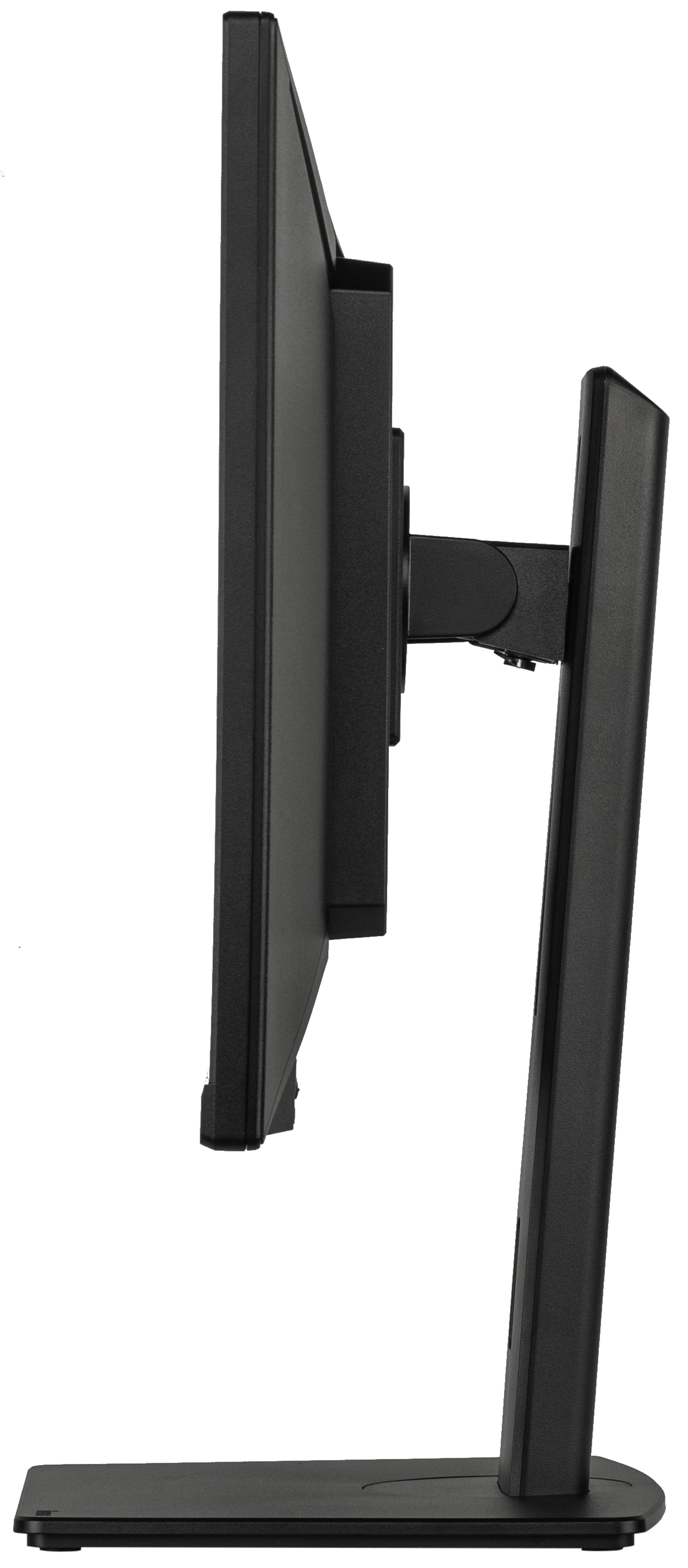 Widok z boku czarnego monitora przedstawia podstawę i ramę monitora. Widoczny jest port USB.