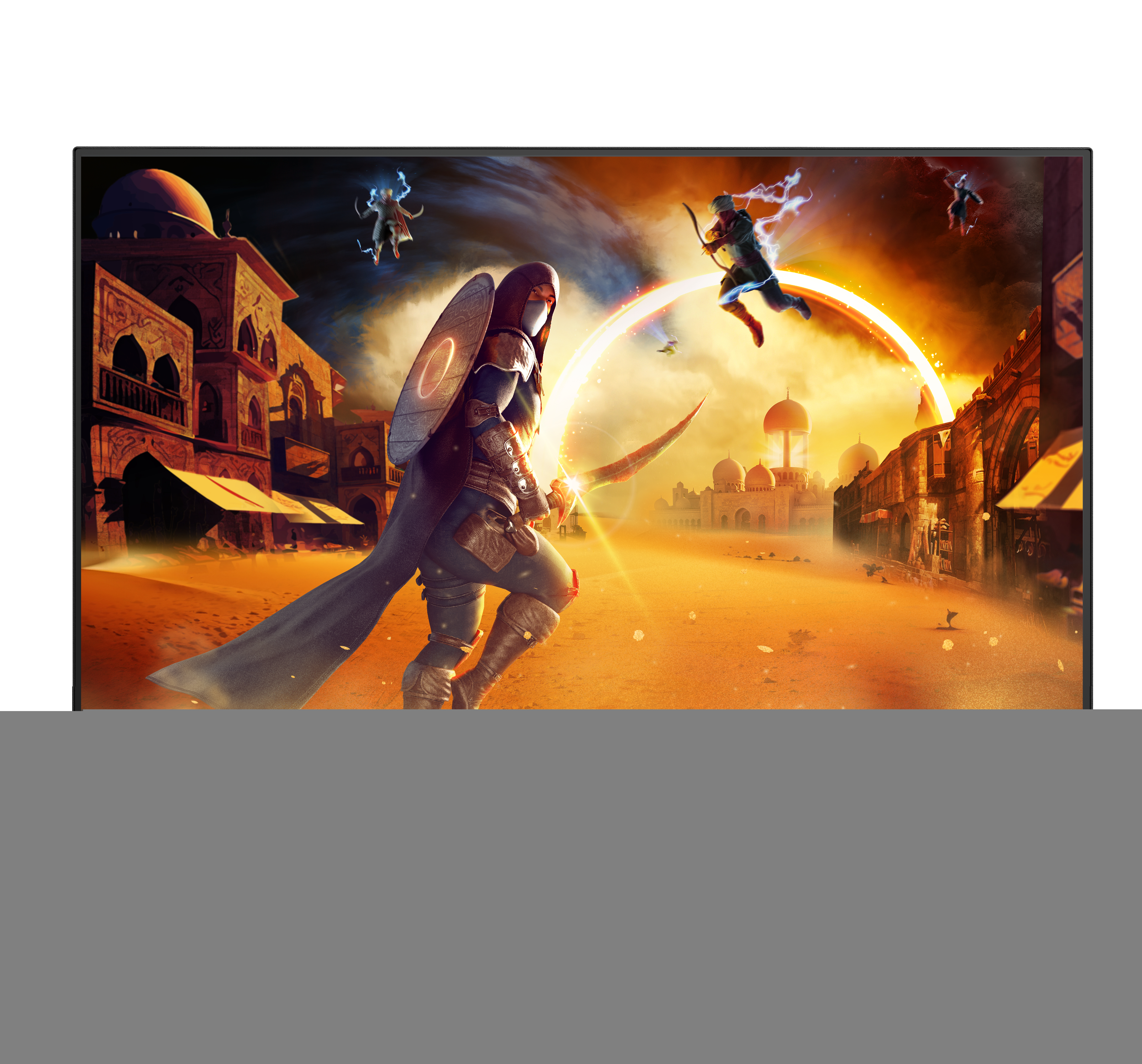 Cyfrowa ilustracja wojownika walczącego w pustynnym mieście.