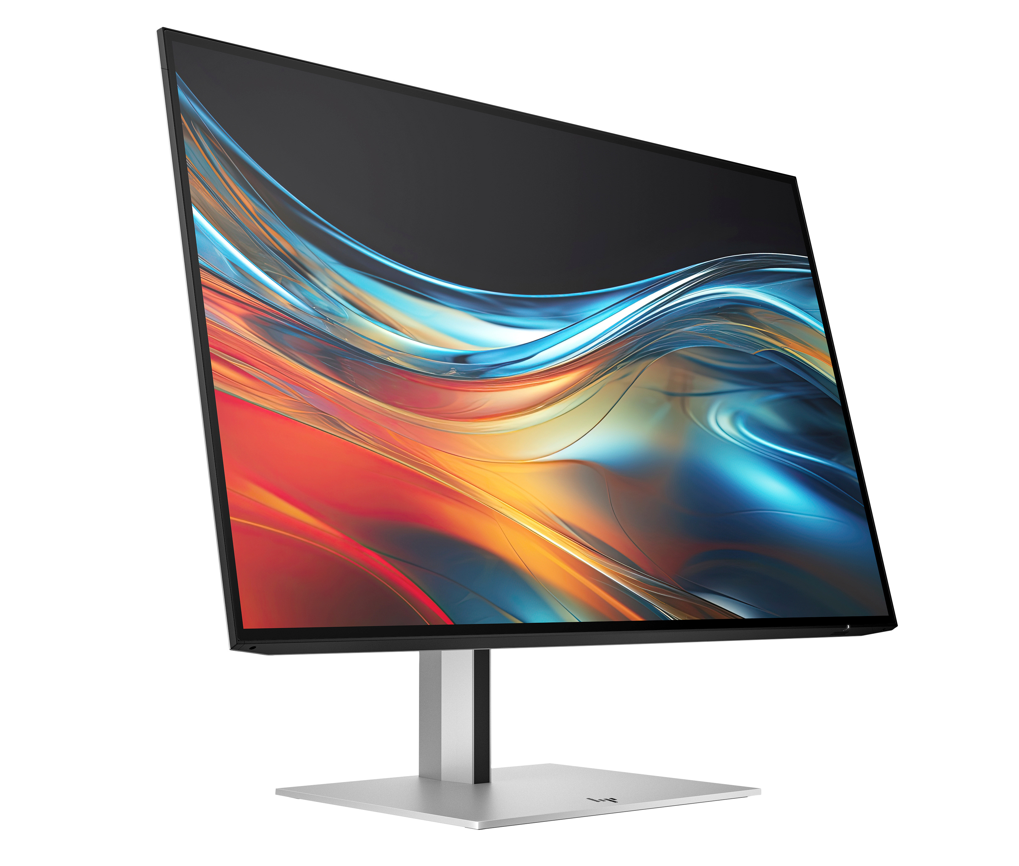 Un monitor de ordenador sobre un soporte. La pantalla muestra un gráfico abstracto y colorido.