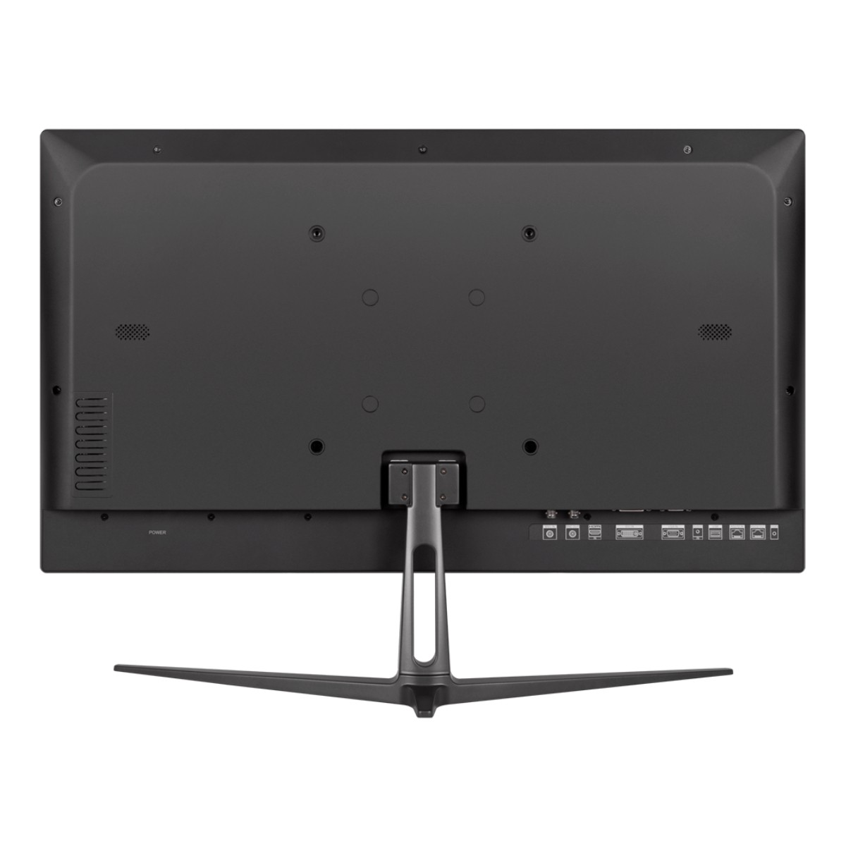 Vista trasera de un monitor negro con soporte y varios puertos.