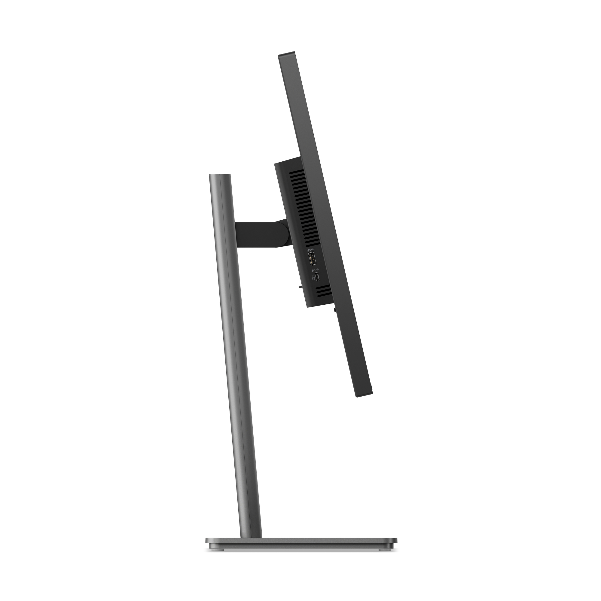 Widok z boku monitora Lenovo z szarym stojakiem na białym tle.