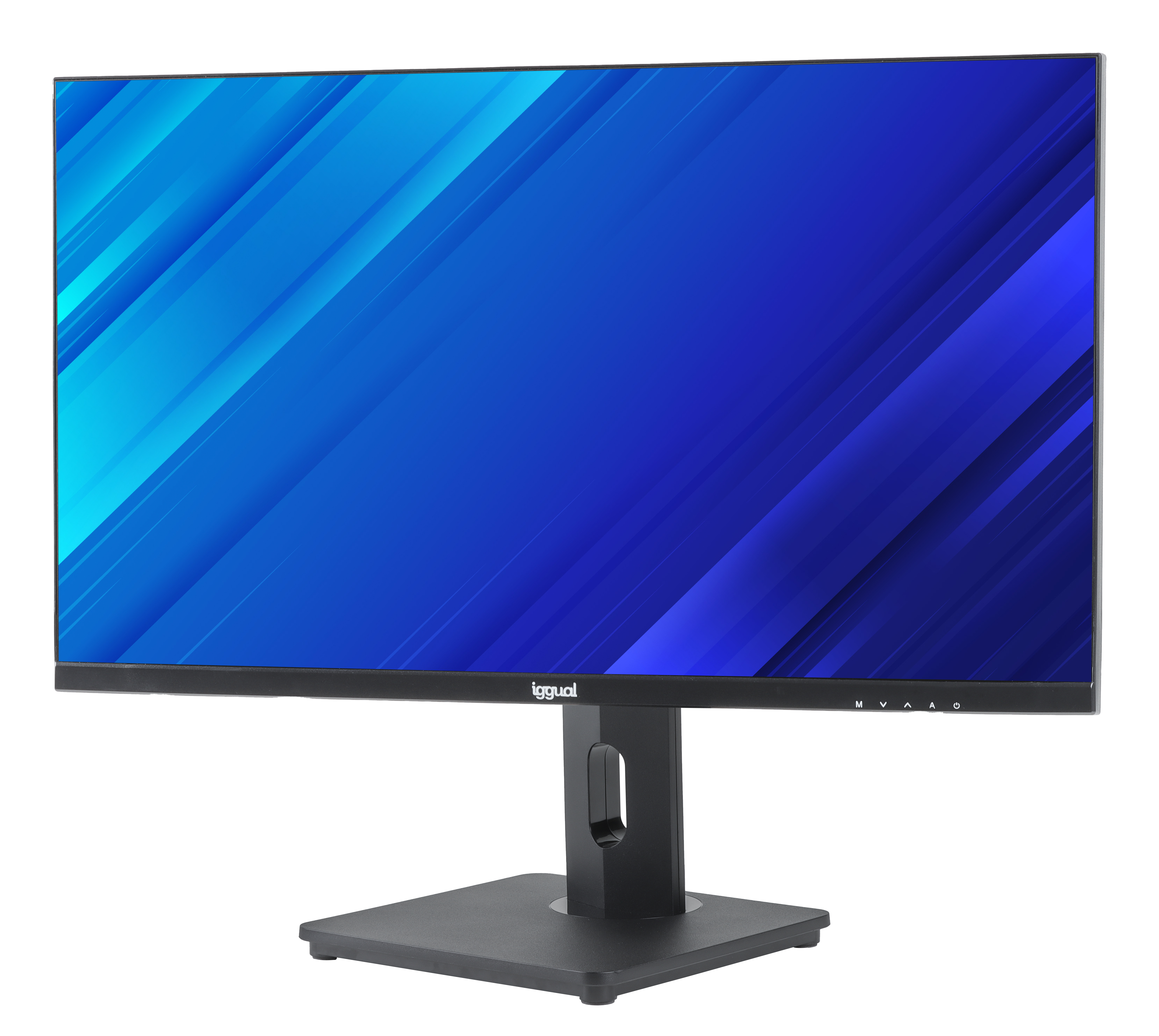 Un monitor per computer con cornice e supporto neri, che mostra un'immagine sfumata blu.