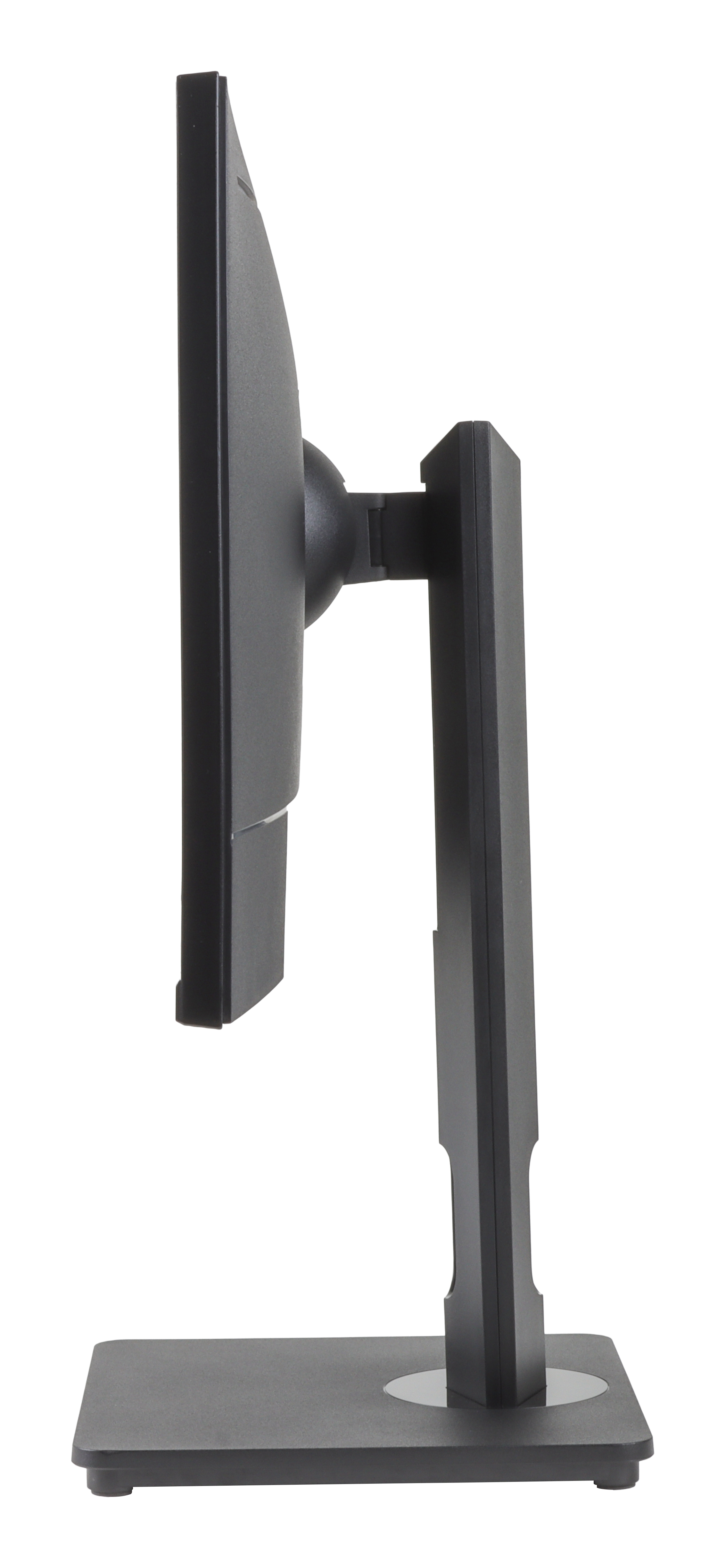 Vista laterale di un monitor per computer nero su un supporto nero, sfondo bianco.
