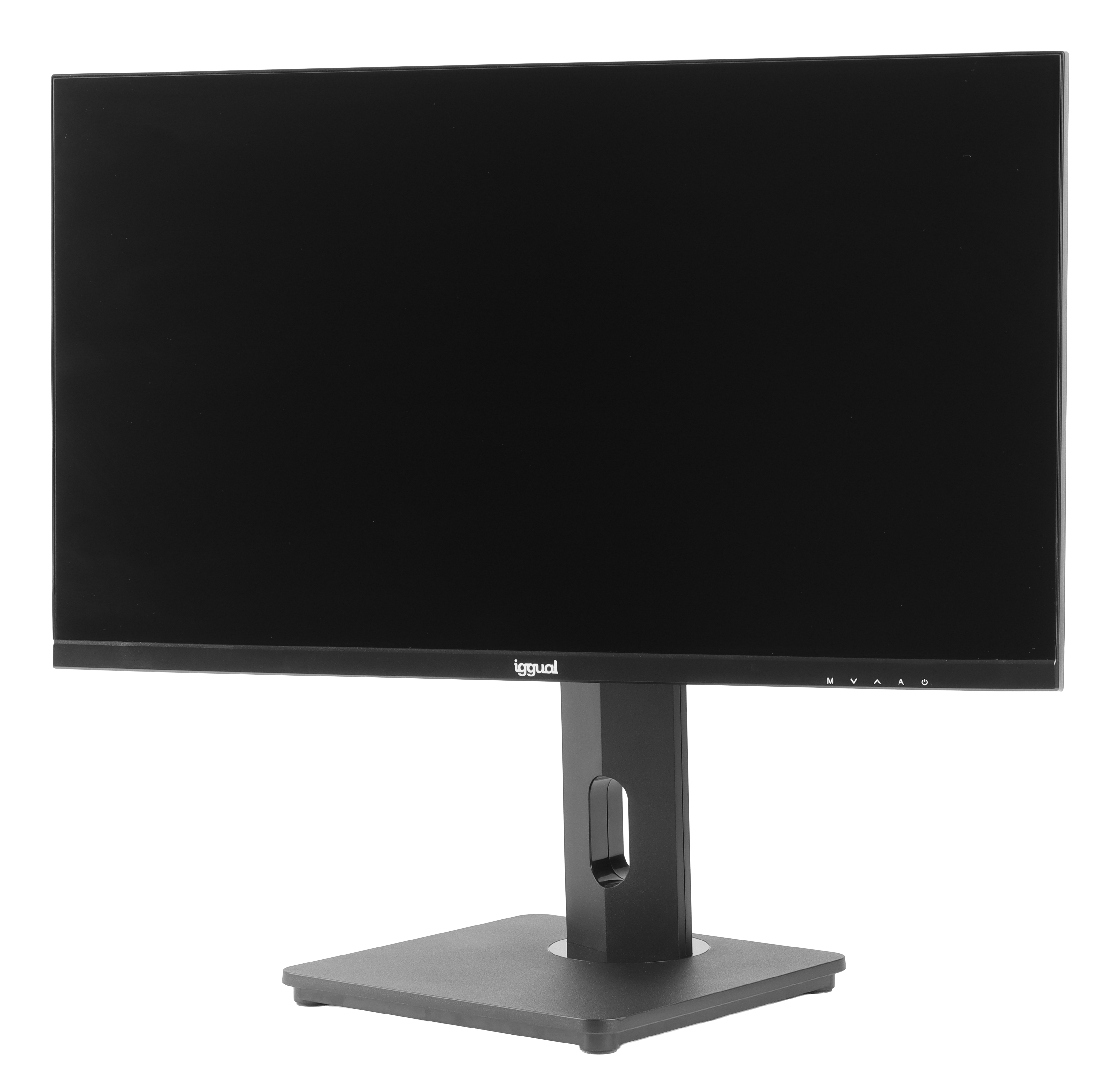 Un monitor per computer con schermo e cornice neri, su un supporto nero.