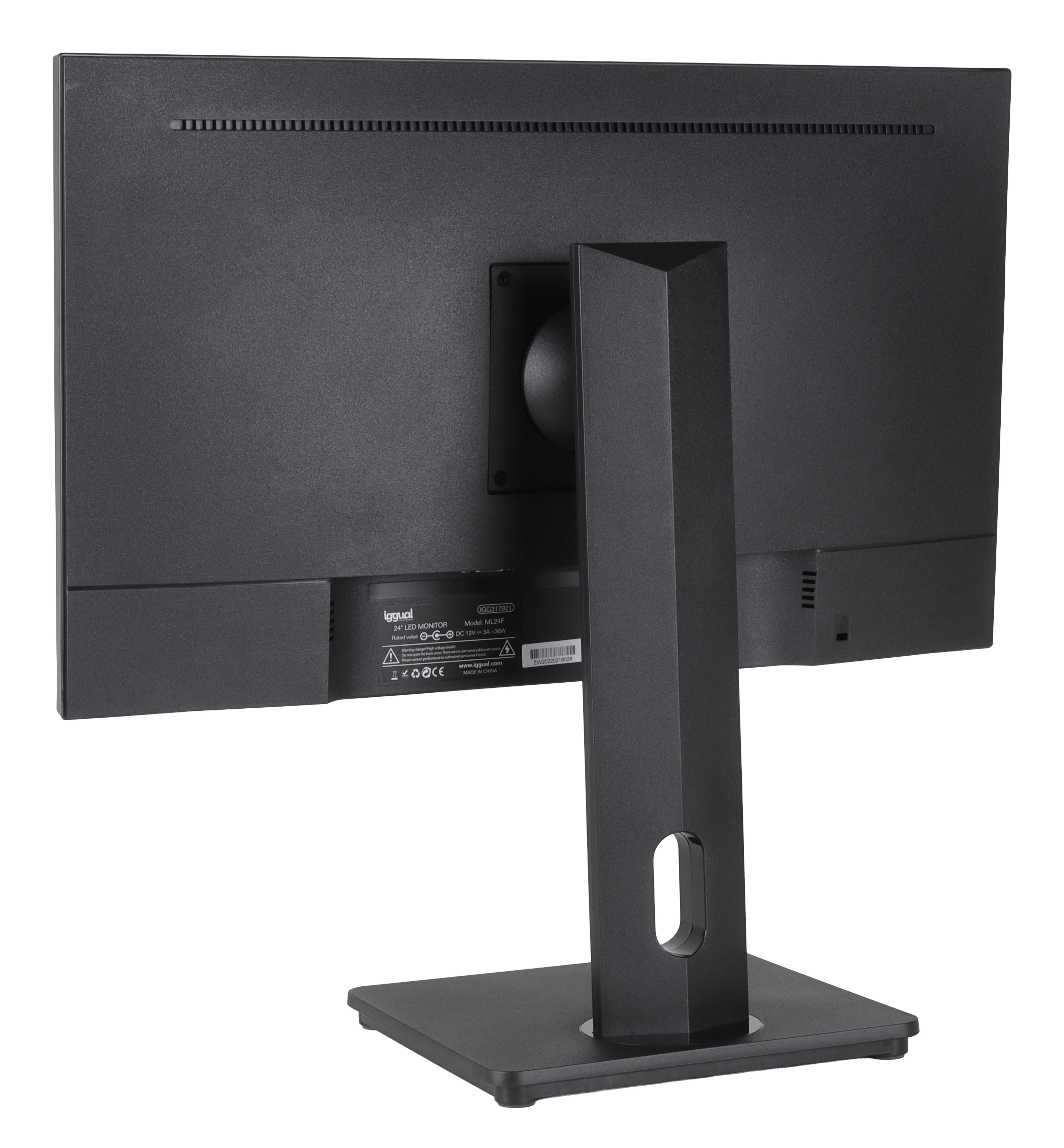 Retro di un monitor per computer nero con supporto, che mostra porte ed etichette.