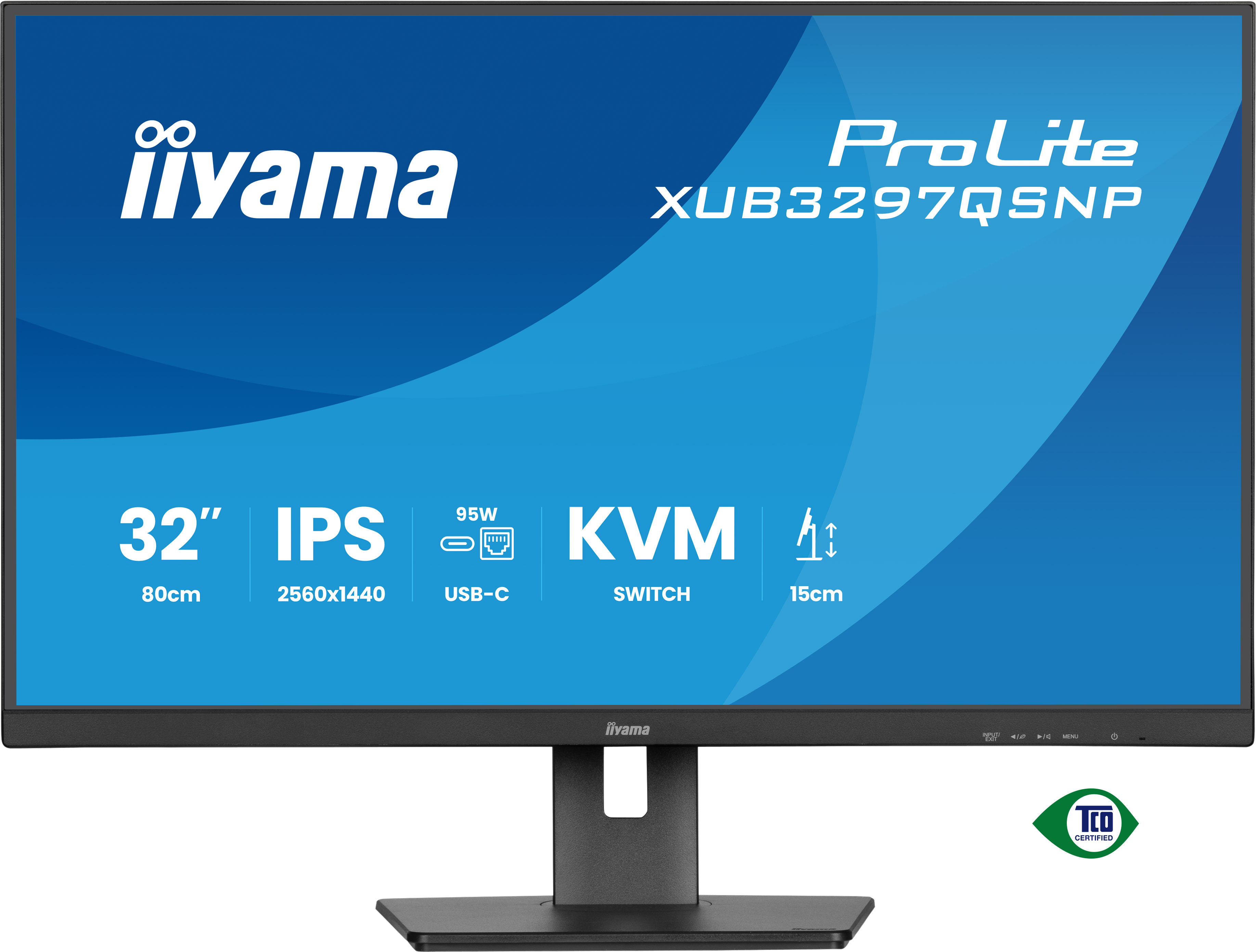 Monitor Iiyama ProLite ze specyfikacjami wyświetlanymi na ekranie. Czarna ramka i podstawa.