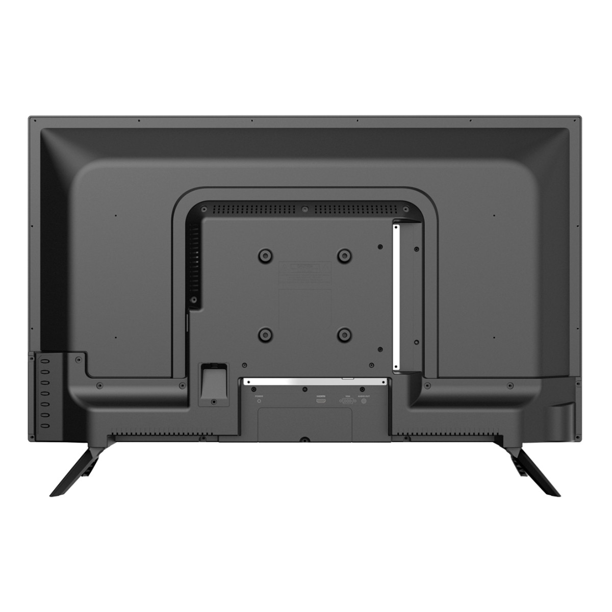 L'arrière d'un téléviseur Hikvision gris avec des ports visibles et des points de montage. Le téléviseur a deux pieds noirs.