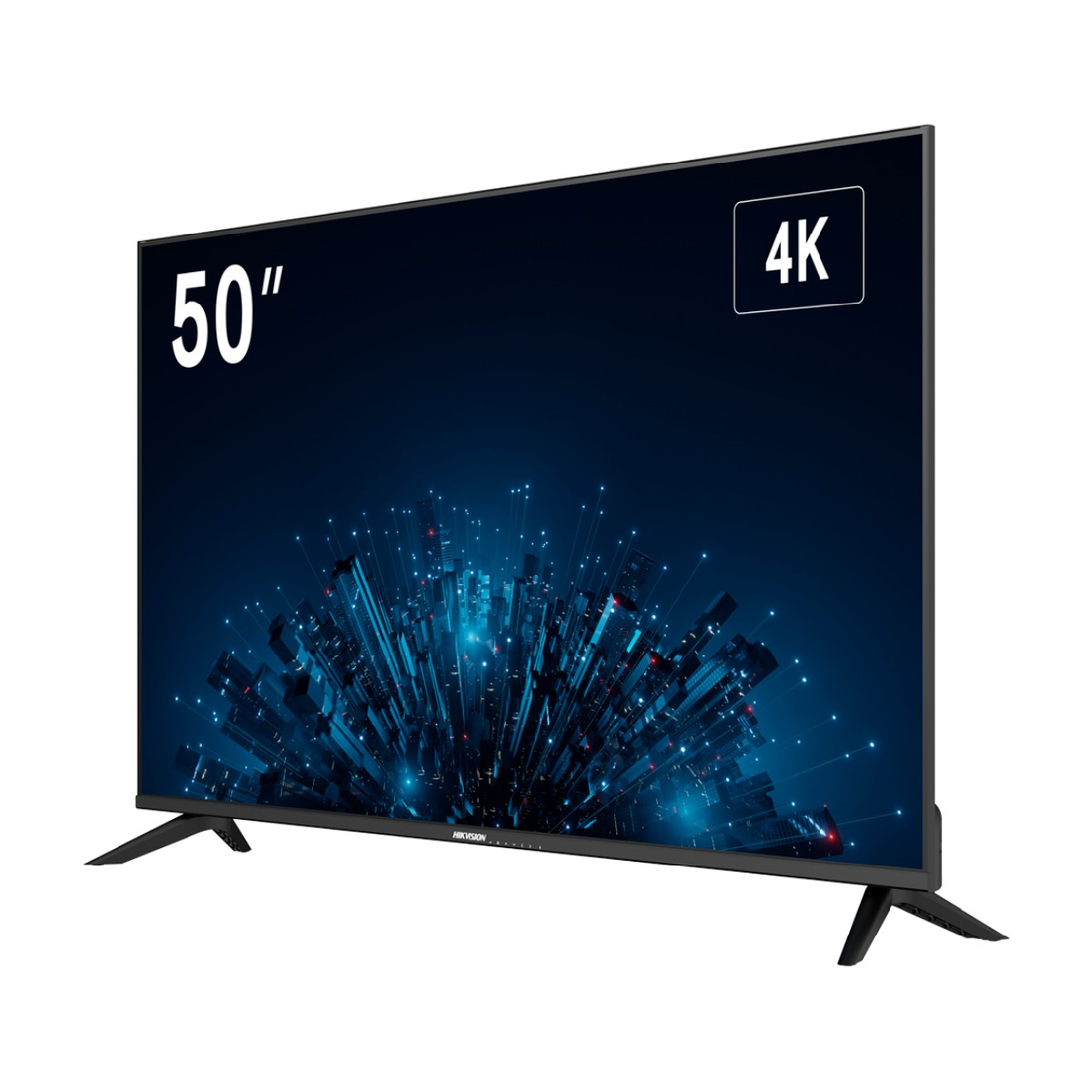 El televisor Hikvision 50" 4K muestra una pantalla azul con un patrón geométrico, sobre un fondo blanco.