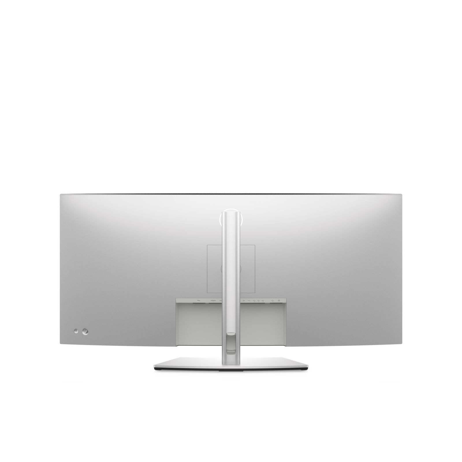 Wyświetlany jest tył srebrnego monitora, pokazujący logo Dell i prostą, srebrną podstawę.