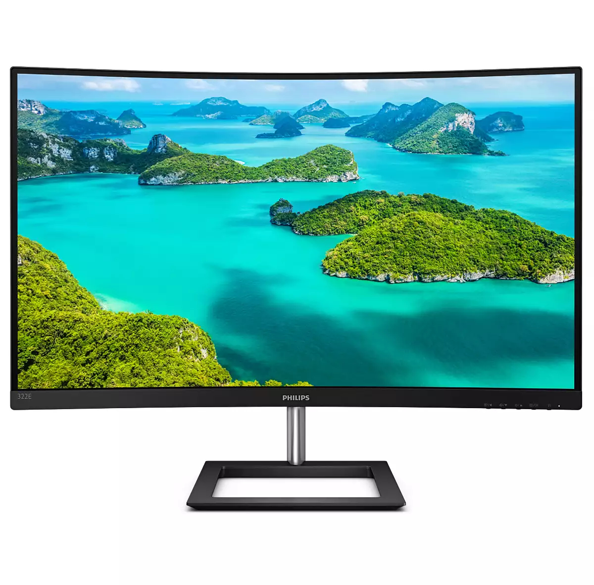 A curved monitor displays a tropical island scene of green islands and blue water. Black monitor with stand.