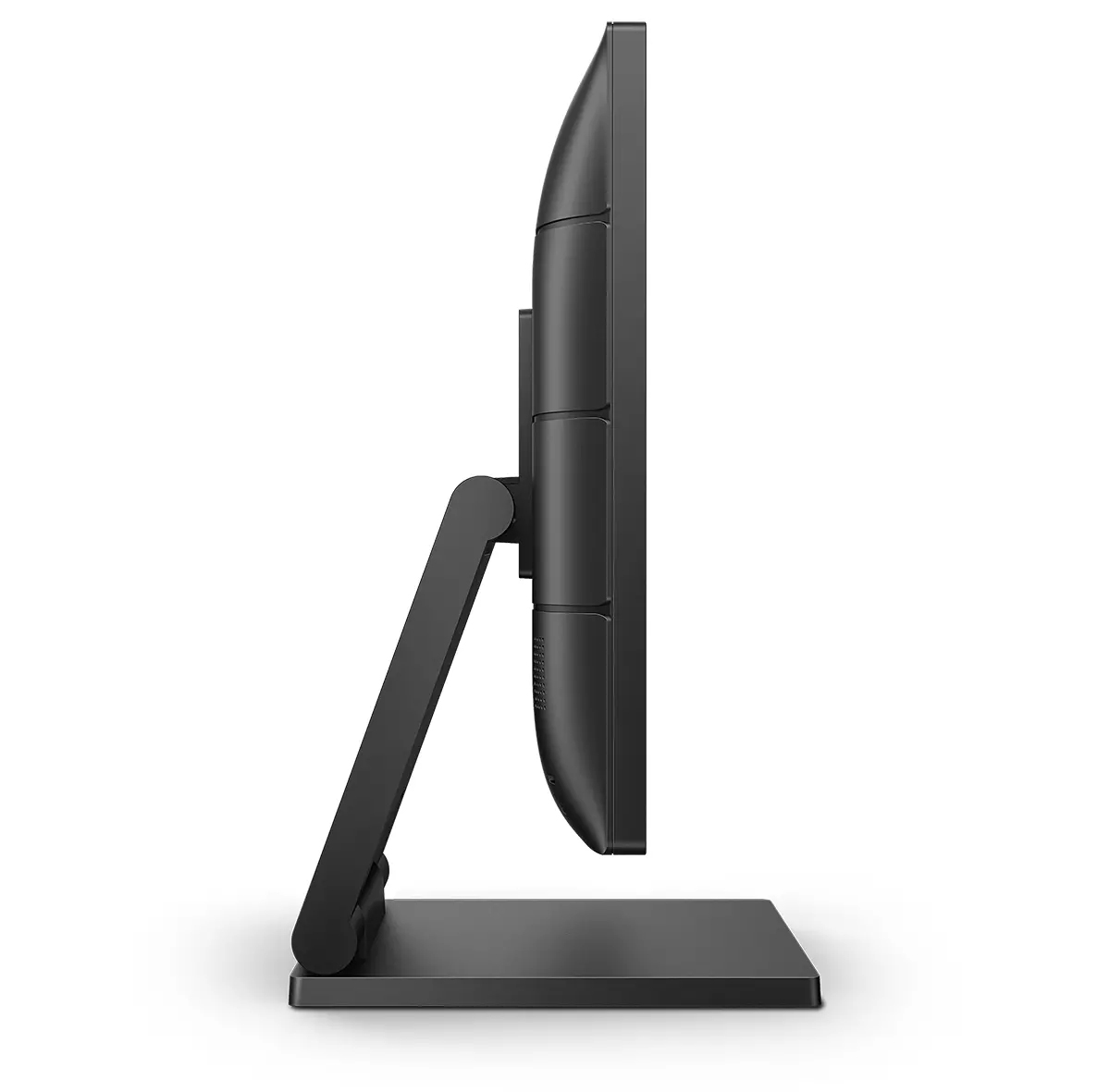 Widok z boku eleganckiego czarnego monitora komputerowego, podkreślający jego smukły profil i konstrukcję podstawki na białym tle.