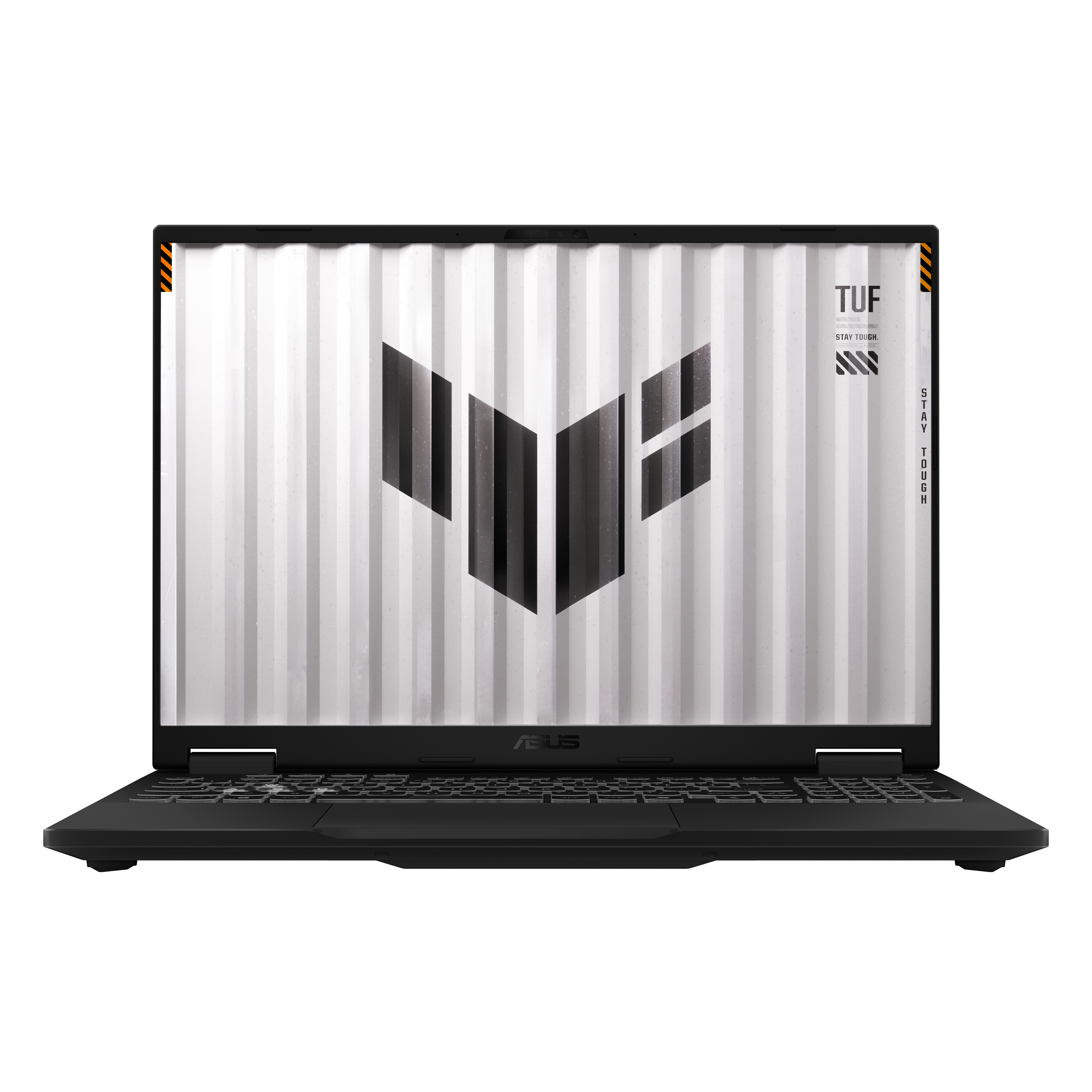 A black ASUS TUF laptop with a patterned white screen, highlighting its sleek design and modern technology features.