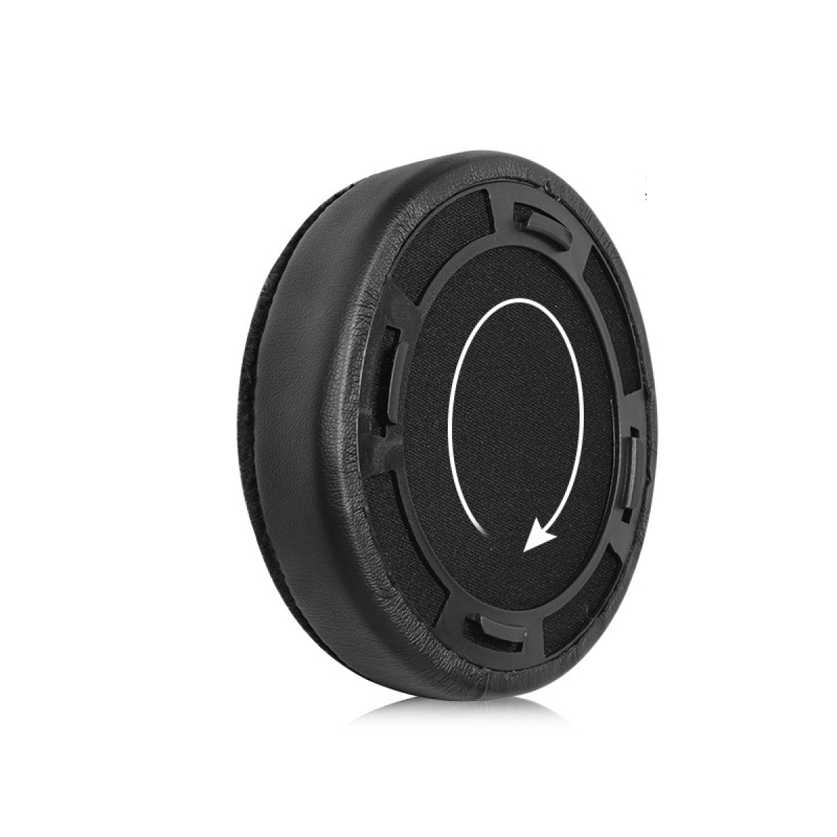 Czarna słuchawka z centralną siatką i białą strzałką wskazującą obrót.