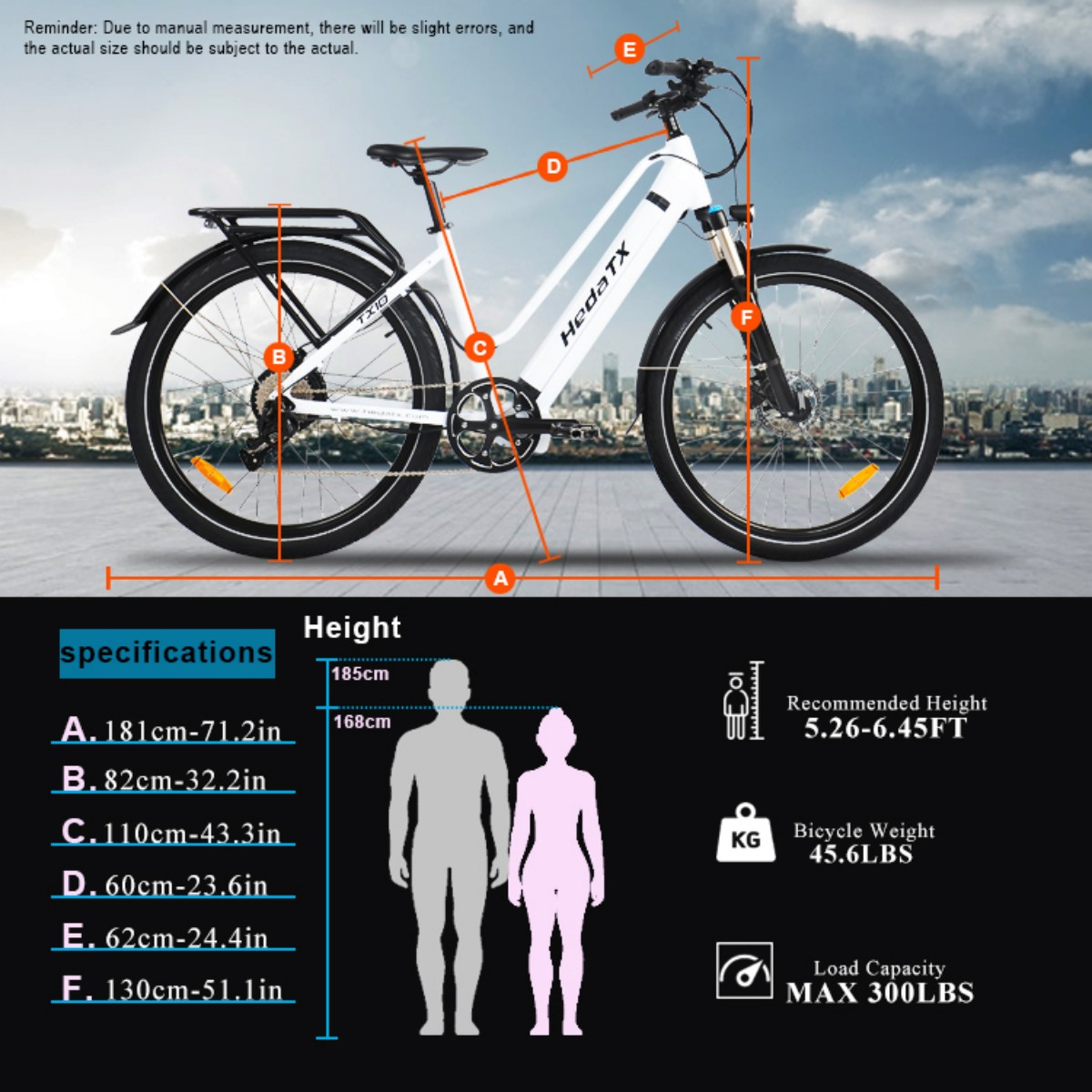 Diagram roweru elektrycznego z oznaczonymi wymiarami i specyfikacjami oraz porównaniem wzrostu dwóch osób.
