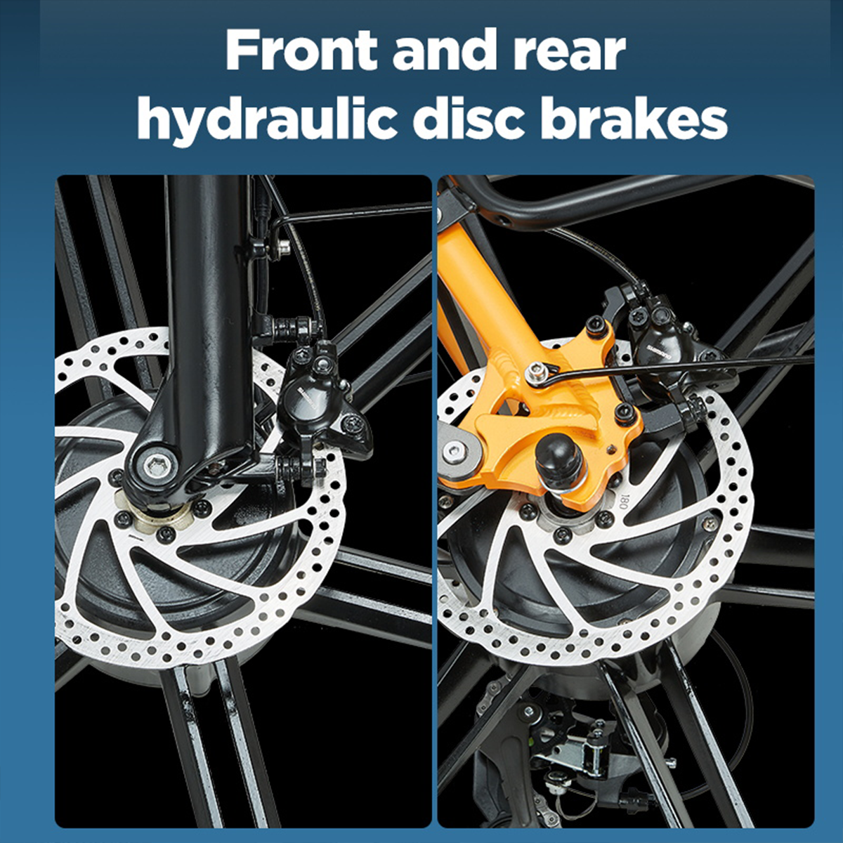 Zdjęcie przedstawia przednie i tylne hydrauliczne hamulce tarczowe roweru.