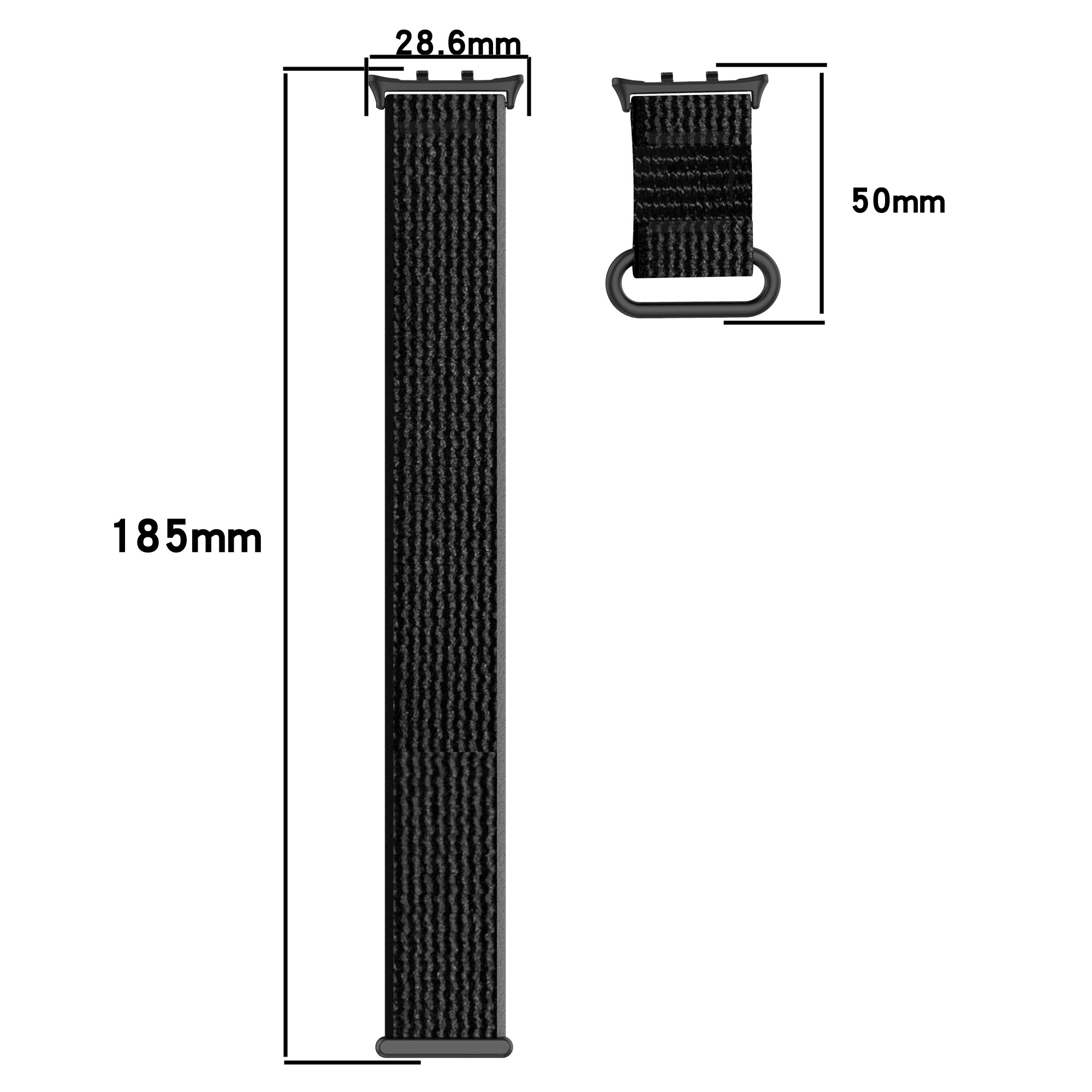 Dwa paski do zegarka z wymiarami: 185 mm długości, 28,6 mm szerokości i 50 mm wysokości.