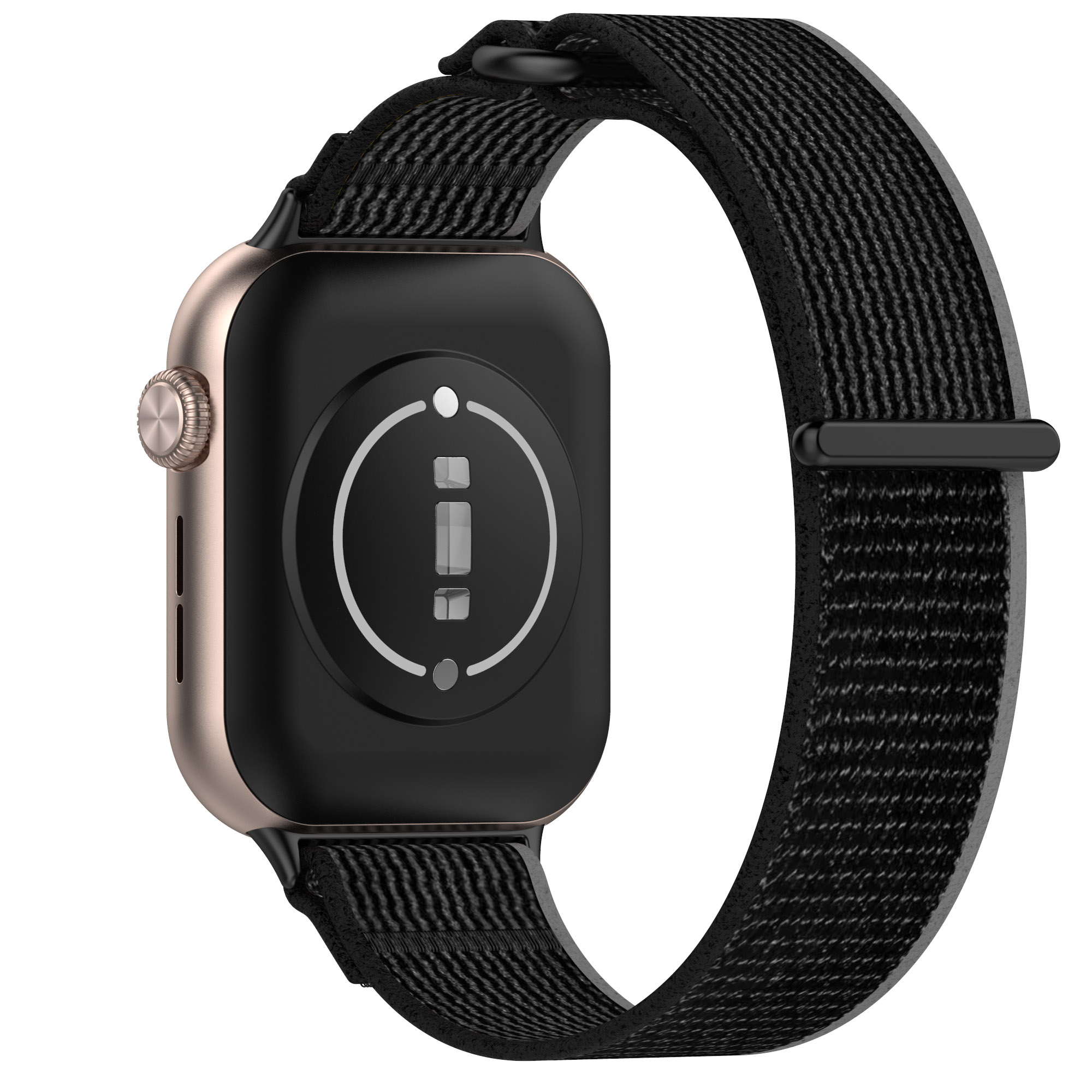 Smartwatch na czarnym pasku. Tarcza zegarka jest czarna.