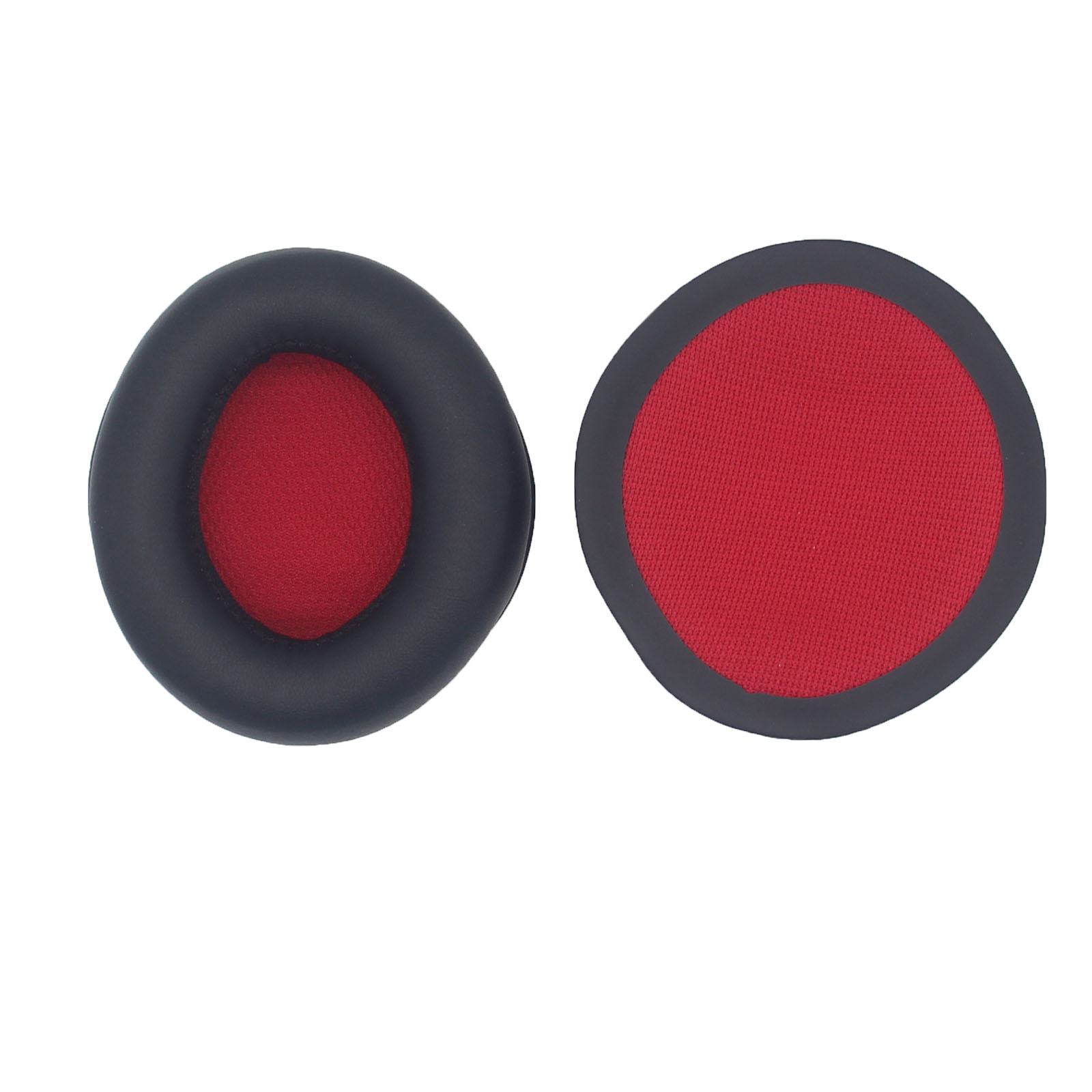 Dwie poduszki na uszy. Jedna czarna z czerwonym wewnętrznym okręgiem, druga czerwone koło z czarną obwódką.