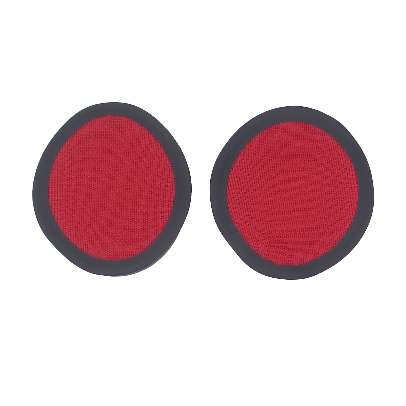 Dwie czerwone poduszki na uszy. Czerwona tkanina w czarnej okrągłej ramie. Białe tło.