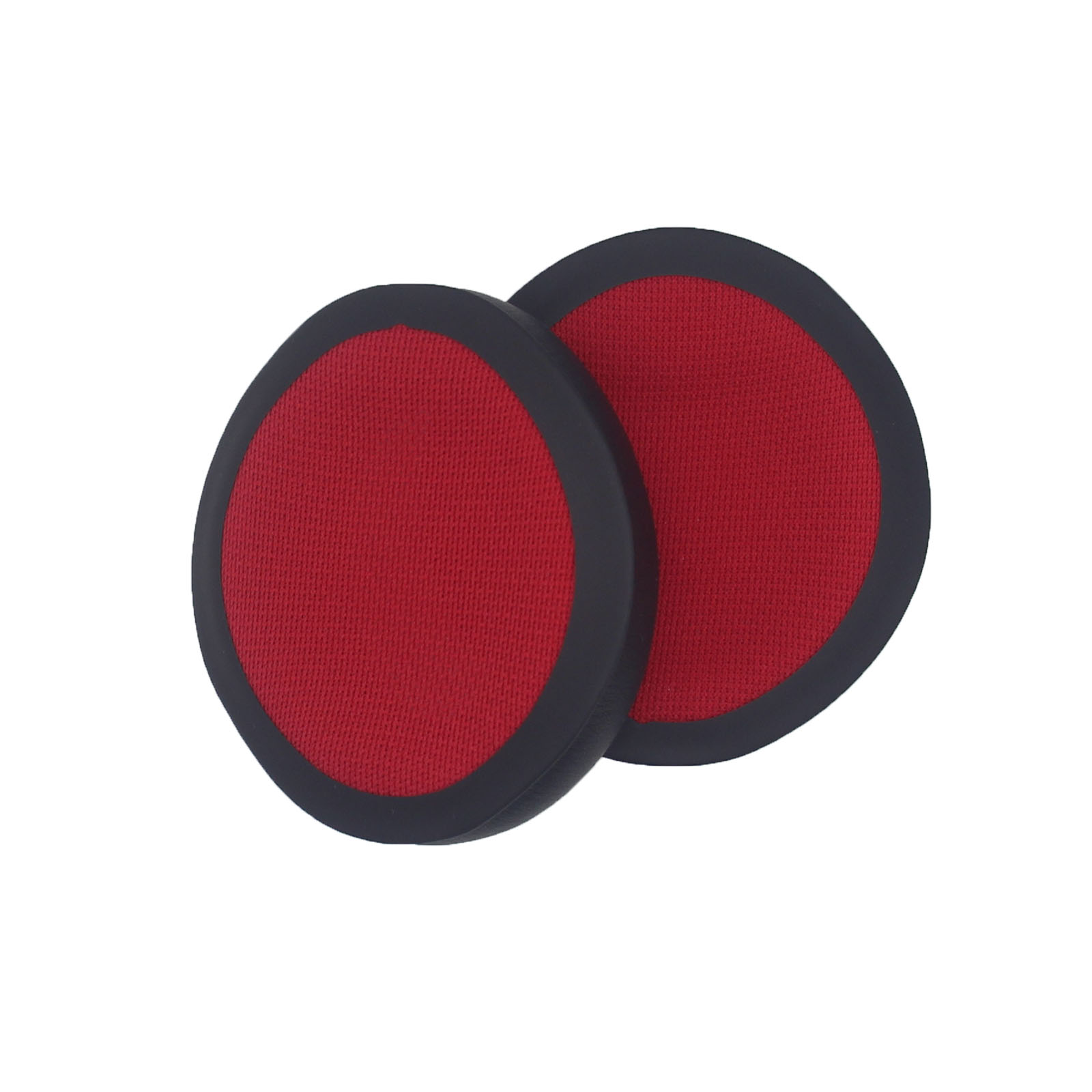 Dwie czerwono-czarne okrągłe poduszki na uszy do słuchawek, pokazane na białym tle.