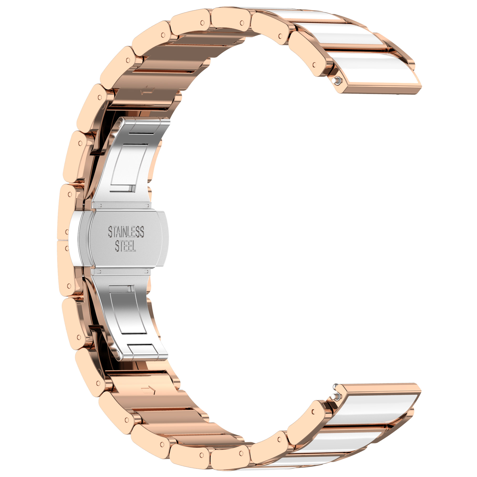 Pasek do zegarka ze stali nierdzewnej i różowego złota z białymi ceramicznymi ogniwami na białym tle.