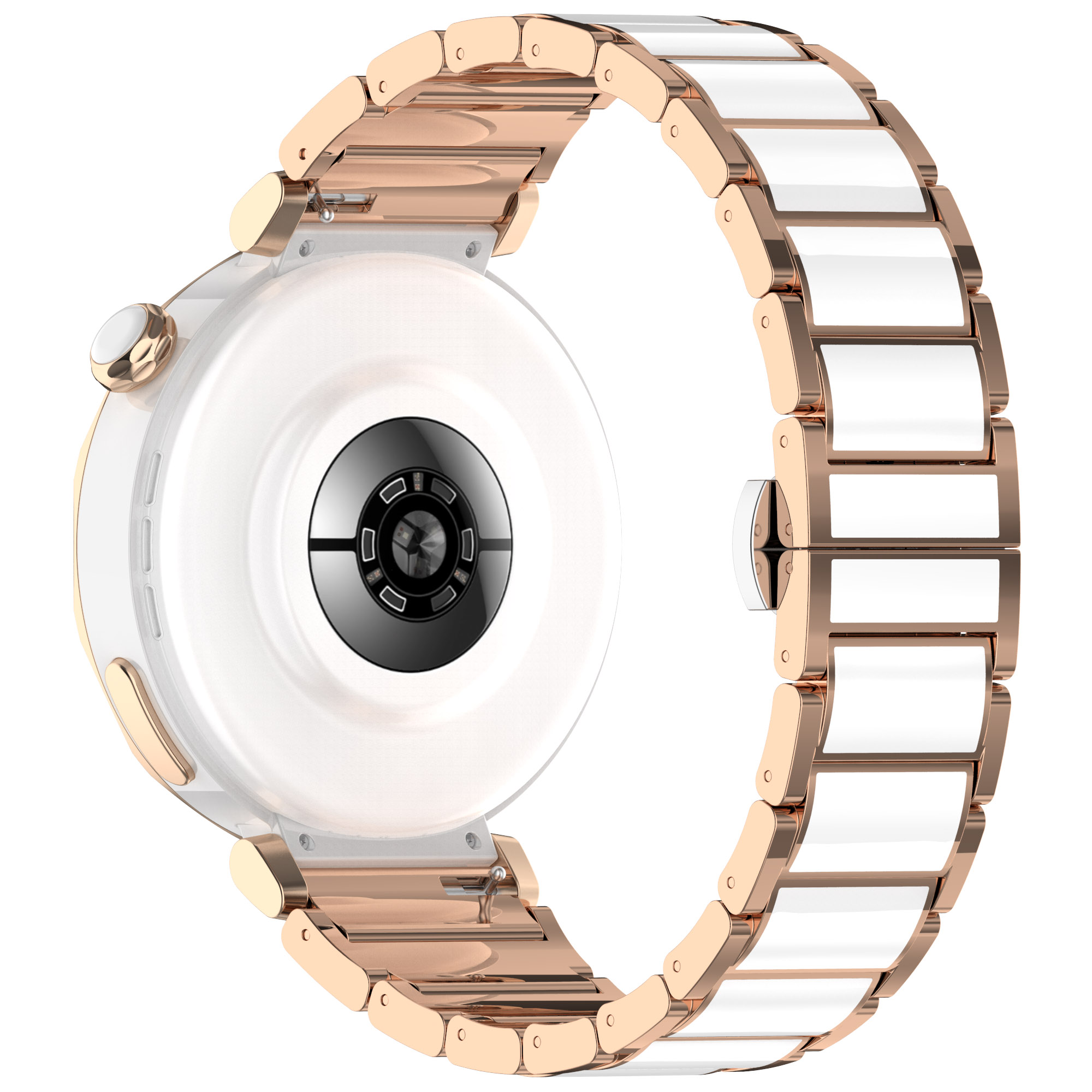 Zegarek w kolorze różowego złota i bieli z białą tarczą i czarnym środkiem na białym tle.