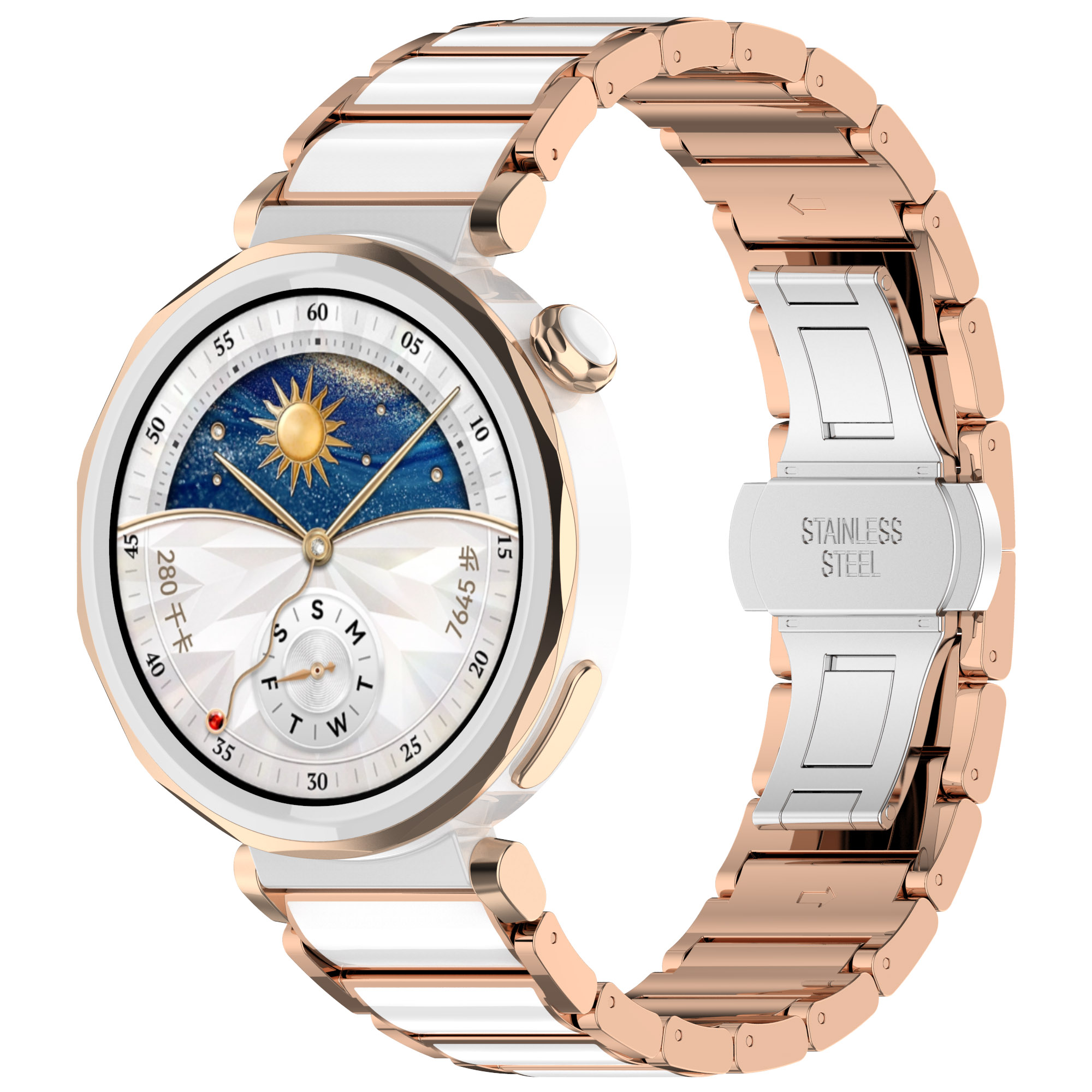 Smartwatch w kolorze różowego złota i bieli z ozdobną tarczą na białym tle.