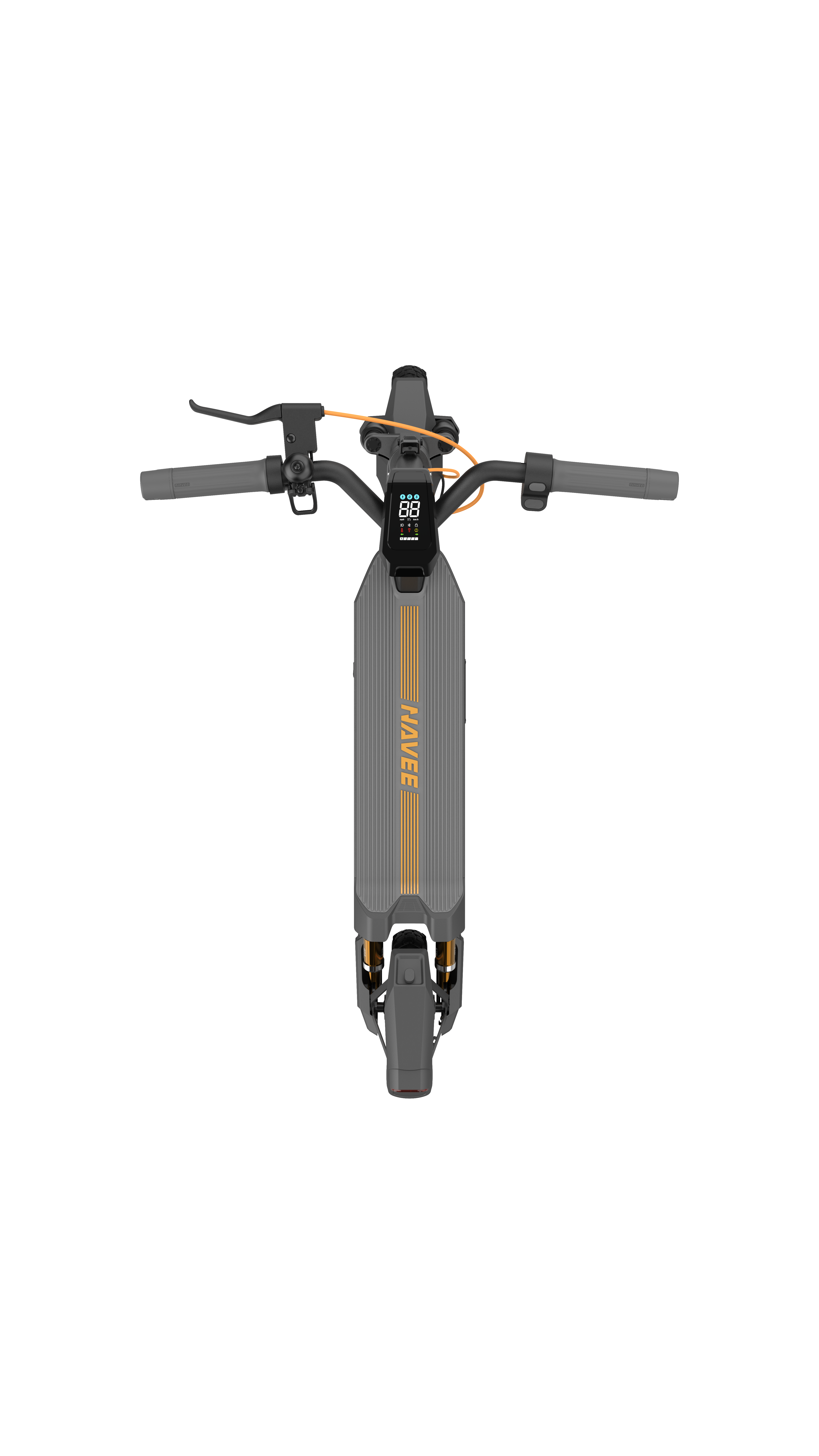 Vista superior de un scooter negro. Tiene detalles en naranja y el nombre 'NAVEE'.