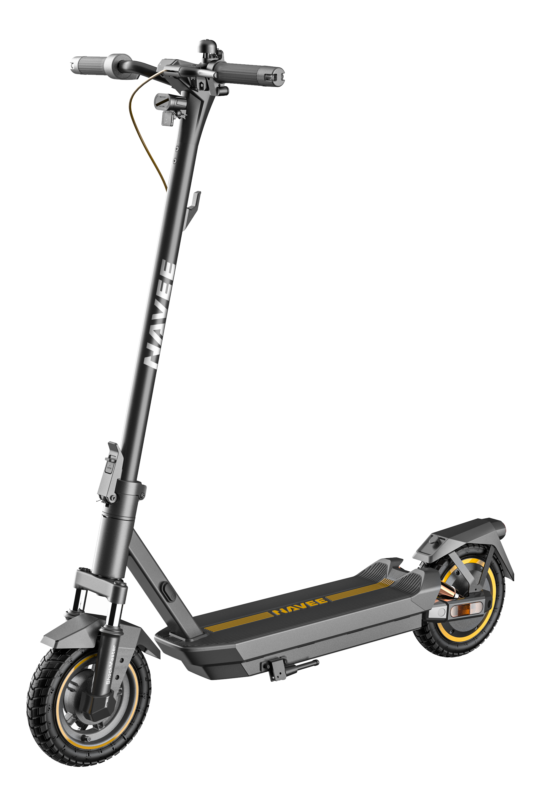 Scooter negro con detalles naranjas. Sobre fondo negro. Visible el nombre 'NAVEE'.