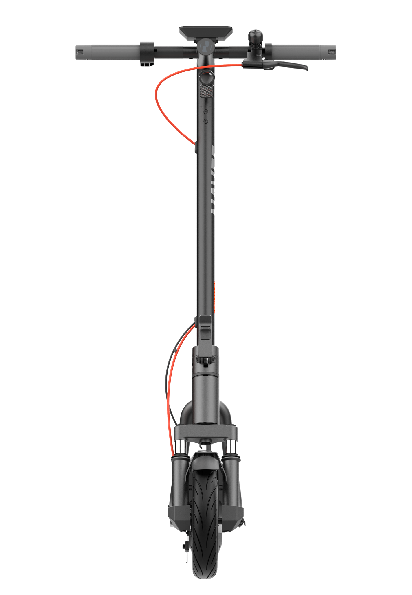 Vista frontale di uno scooter nero. Cavo rosso e nome 'NAVEE' visibili. Manubrio grigio.