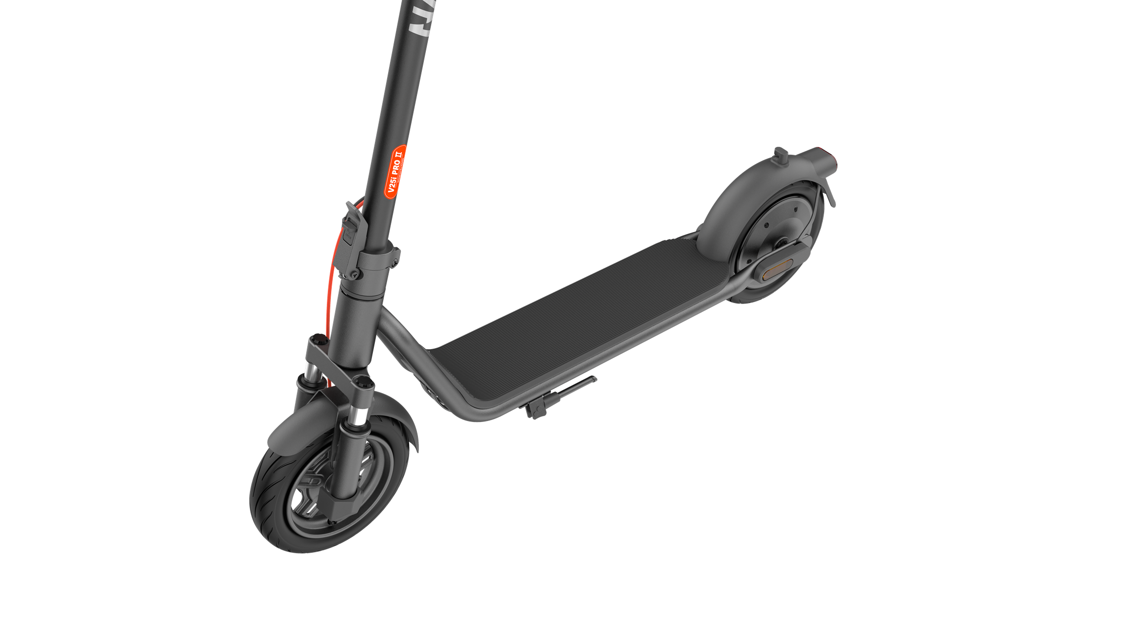 Scooter angolato a destra. Corpo nero, nome 'NAVEE' in bianco. Pneumatico nero visibile.