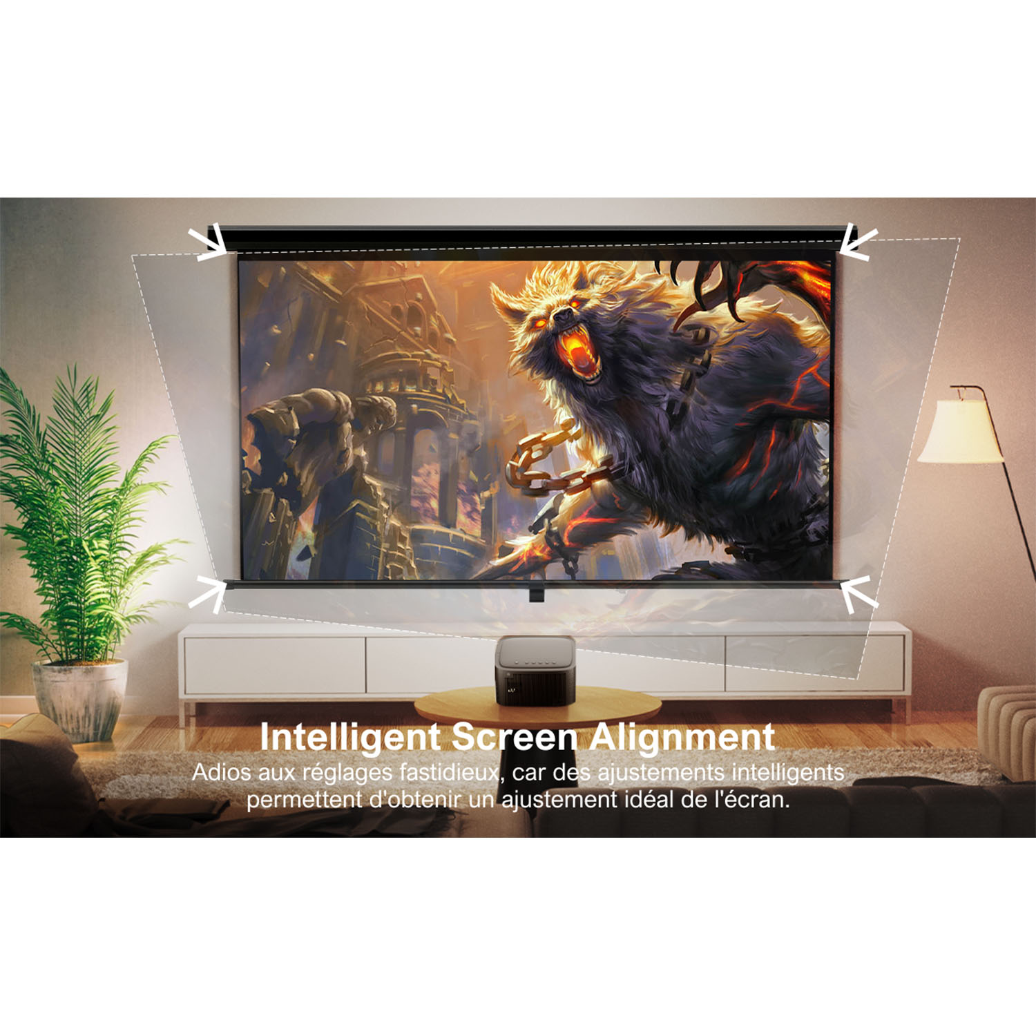 Projecteur affichant un jeu sur un écran, avec une plante et une lampe.