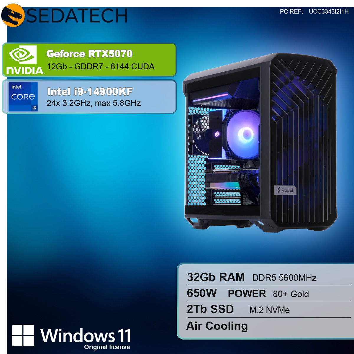 PC desktop con GeForce RTX5070, Intel i9-14900KF, 32 GB RAM, 2 TB SSD e raffreddamento ad aria. Logo Windows 11.