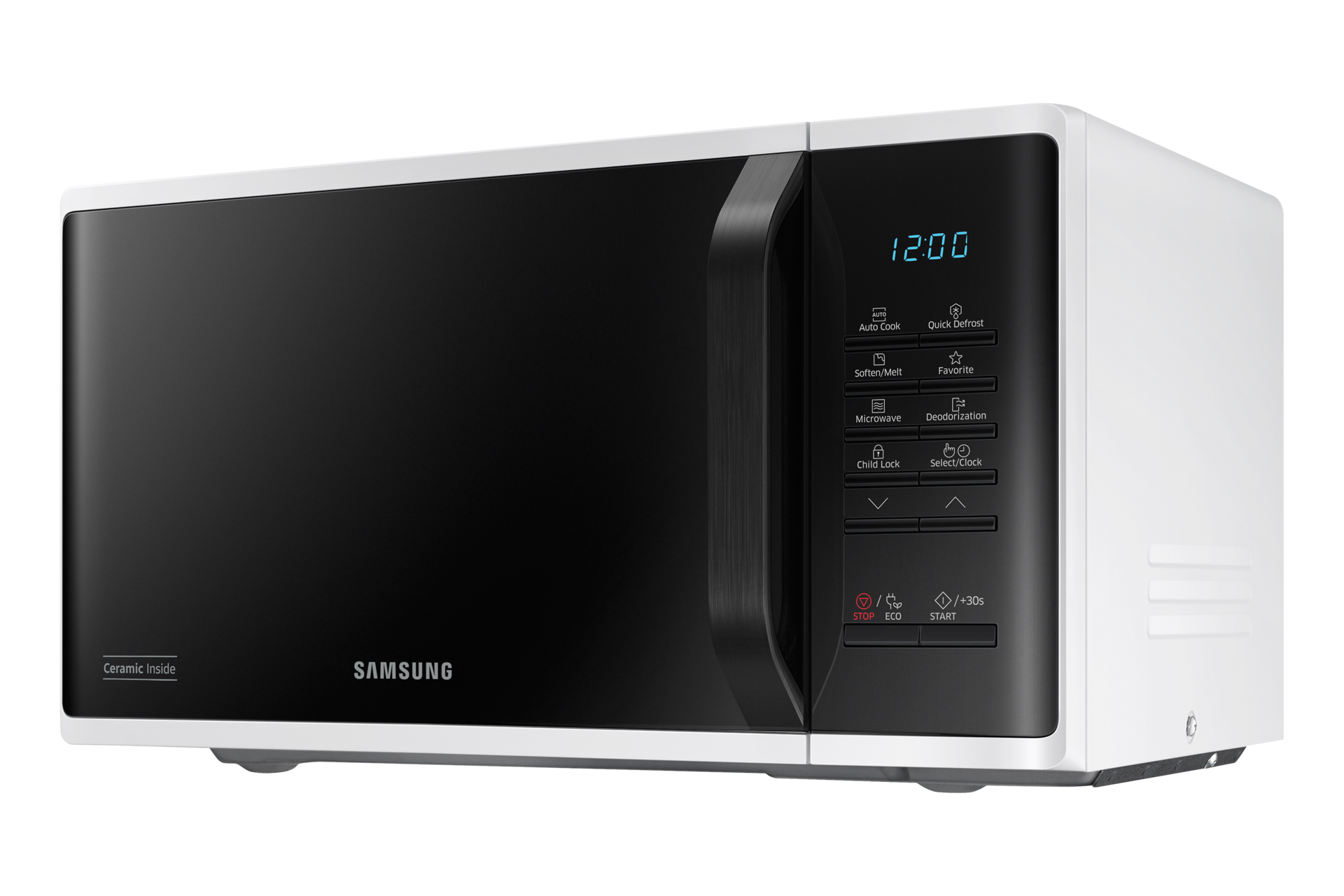 Horno microondas, exterior blanco, puerta y panel de control negros. Pantalla muestra 12:00. Botones y dial a la derecha.