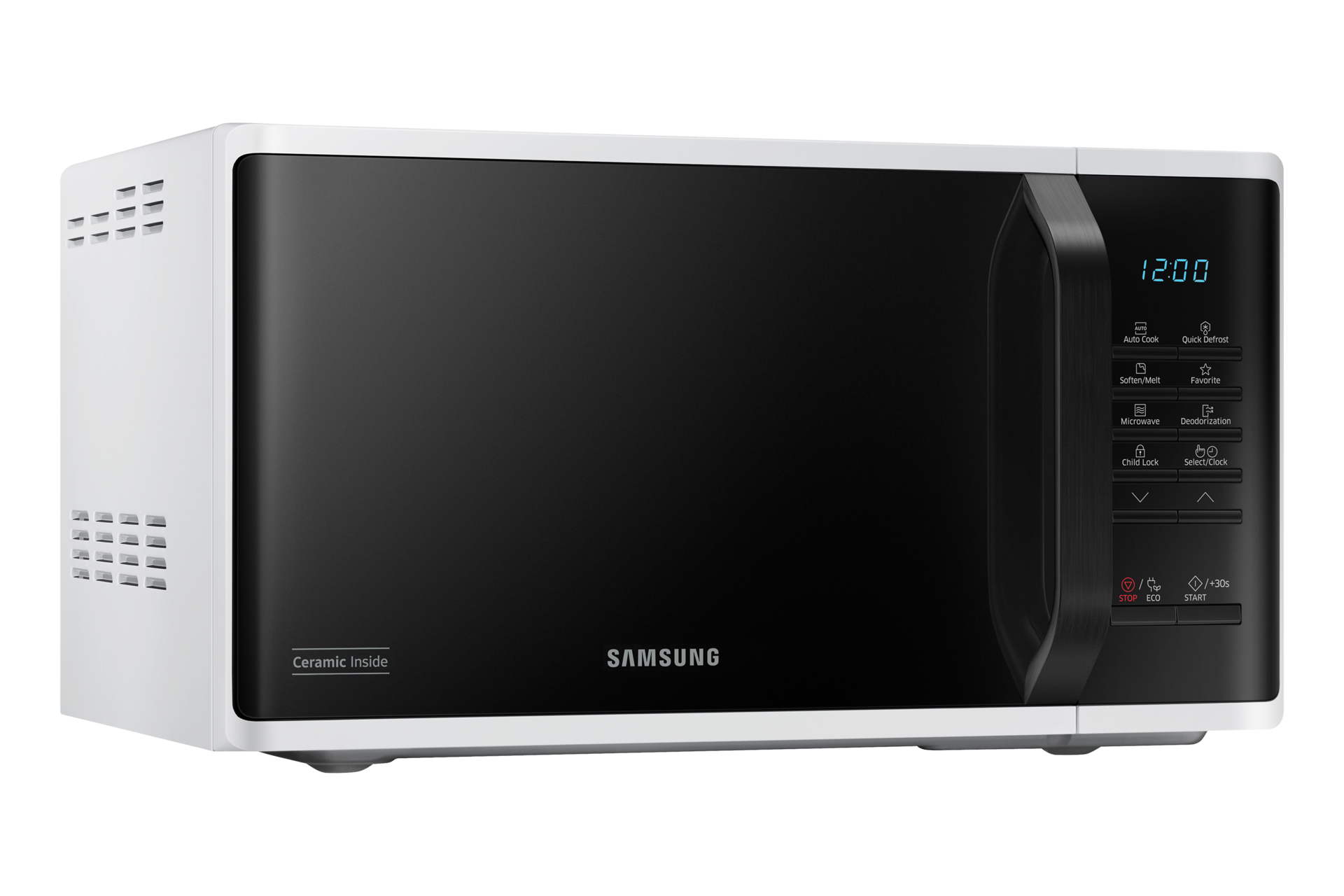 Horno microondas, exterior blanco, puerta y panel de control negros. Pantalla muestra 12:00. Botones y dial a la derecha.