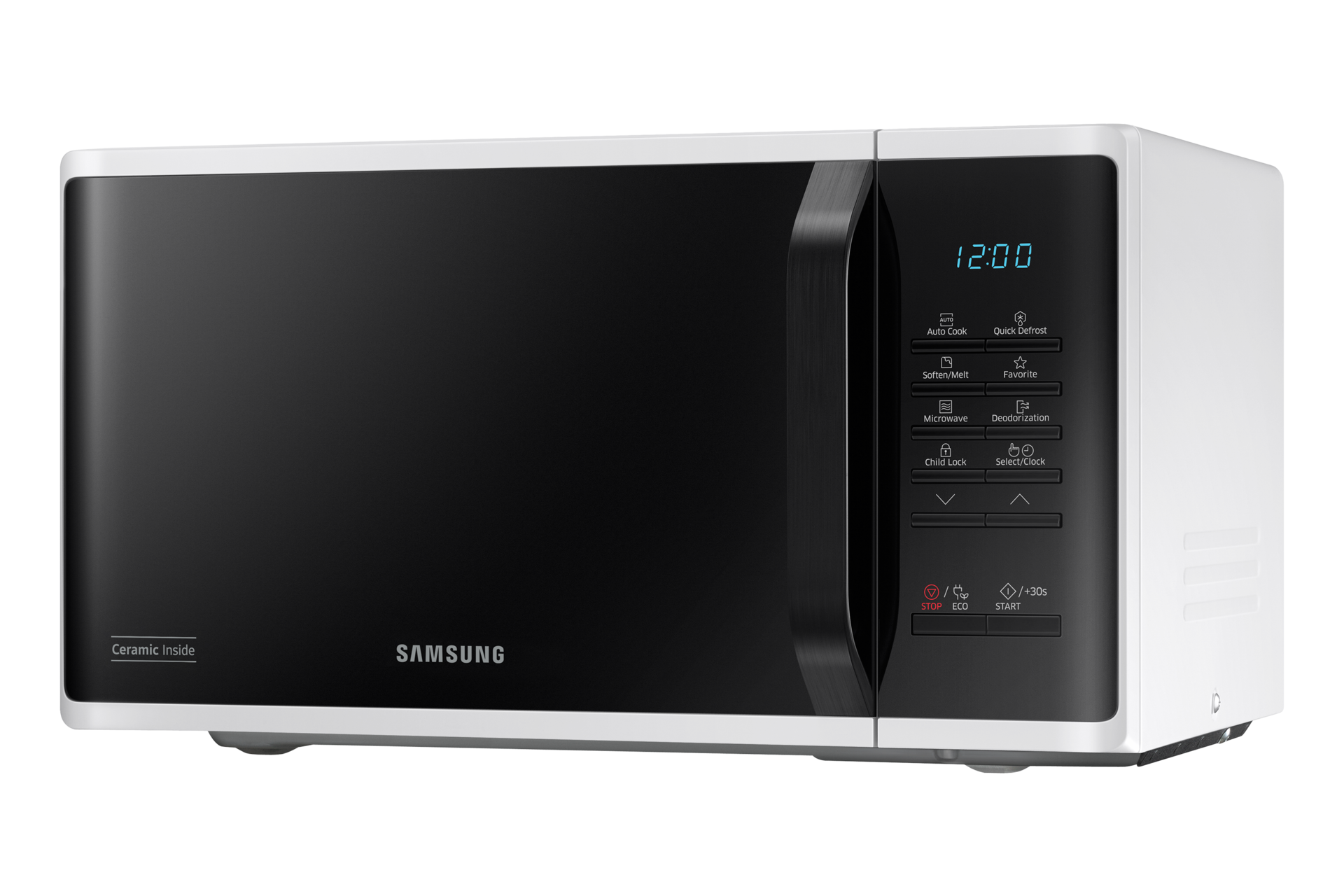 Horno microondas, exterior blanco, puerta y panel de control negros. Pantalla muestra 12:00. Botones y dial a la derecha.